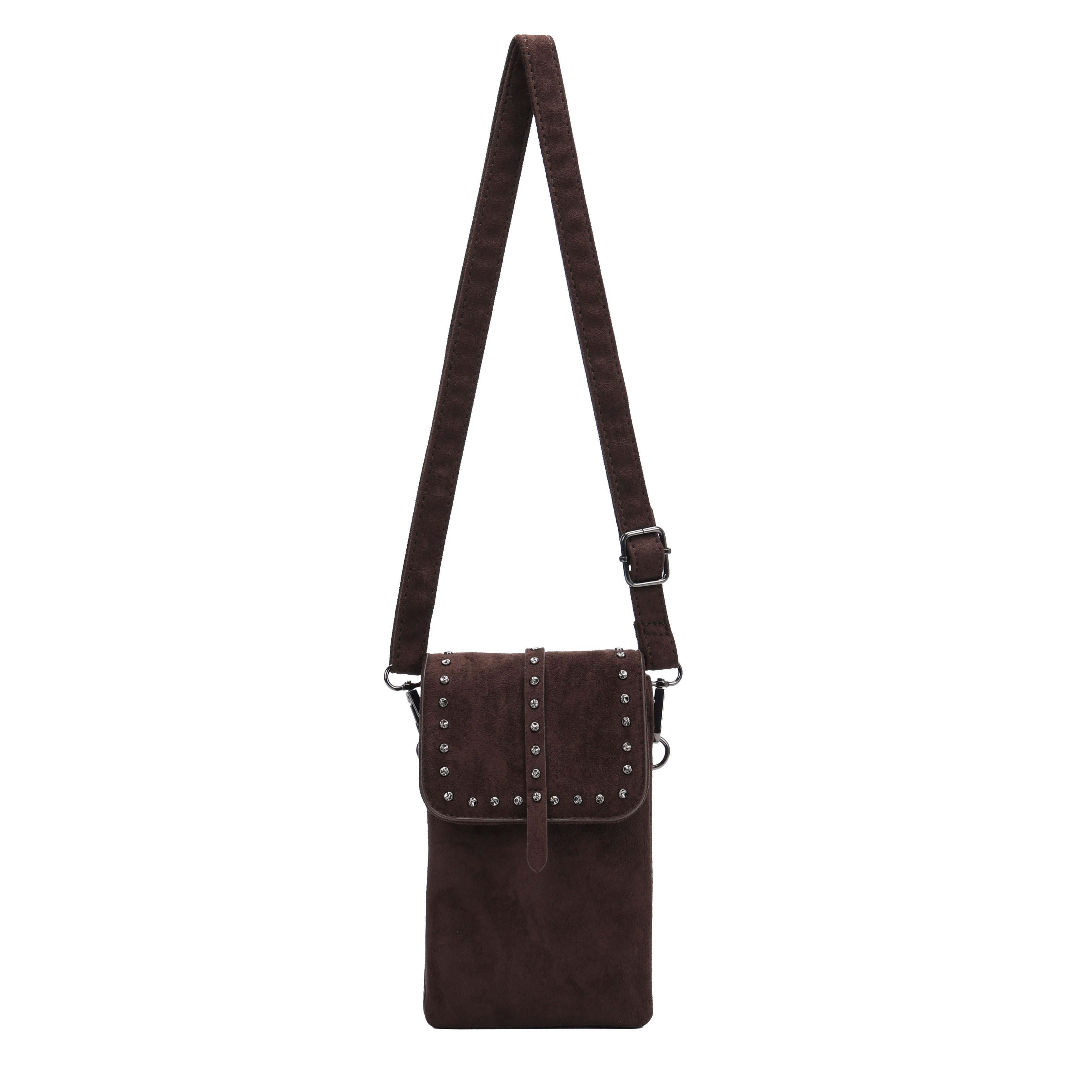 MIRROSI Umhängetasche Damen Wildleder-Optik kleine Crossbody Bag mit Nieten (verstellbarem Schulterriemen, ca. 13x3,5x20 cm), Kleine Tasche, Schultertasche für jeden Anlass