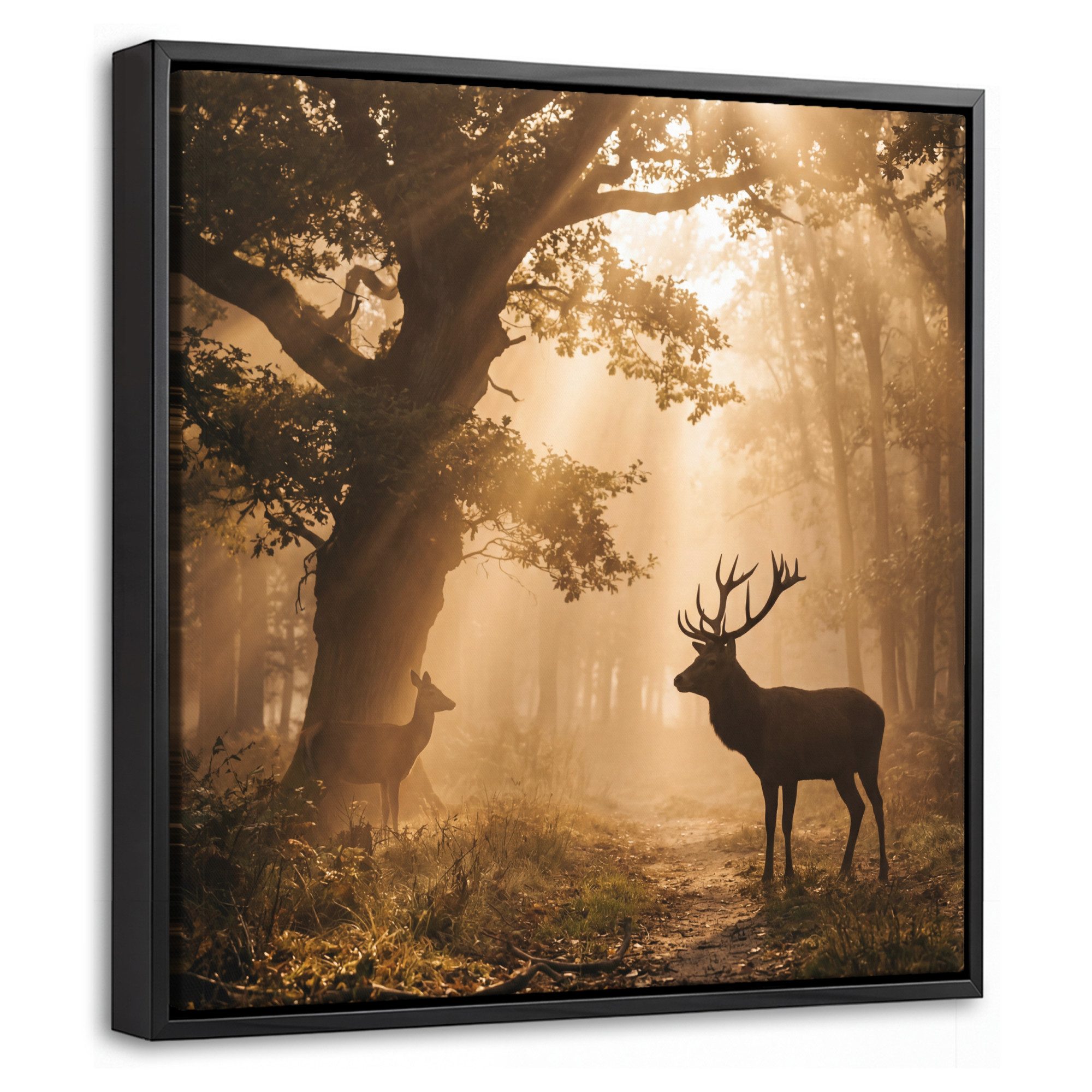 OneMillionCanvasses® Leinwandbild mit Rahmen - Hirsch - Wald - Neblig - Natur - Gold, Fotodruck (1 St), Leinwand Bilder Klein, Wand Dekoration Aesthetic 20x20cm