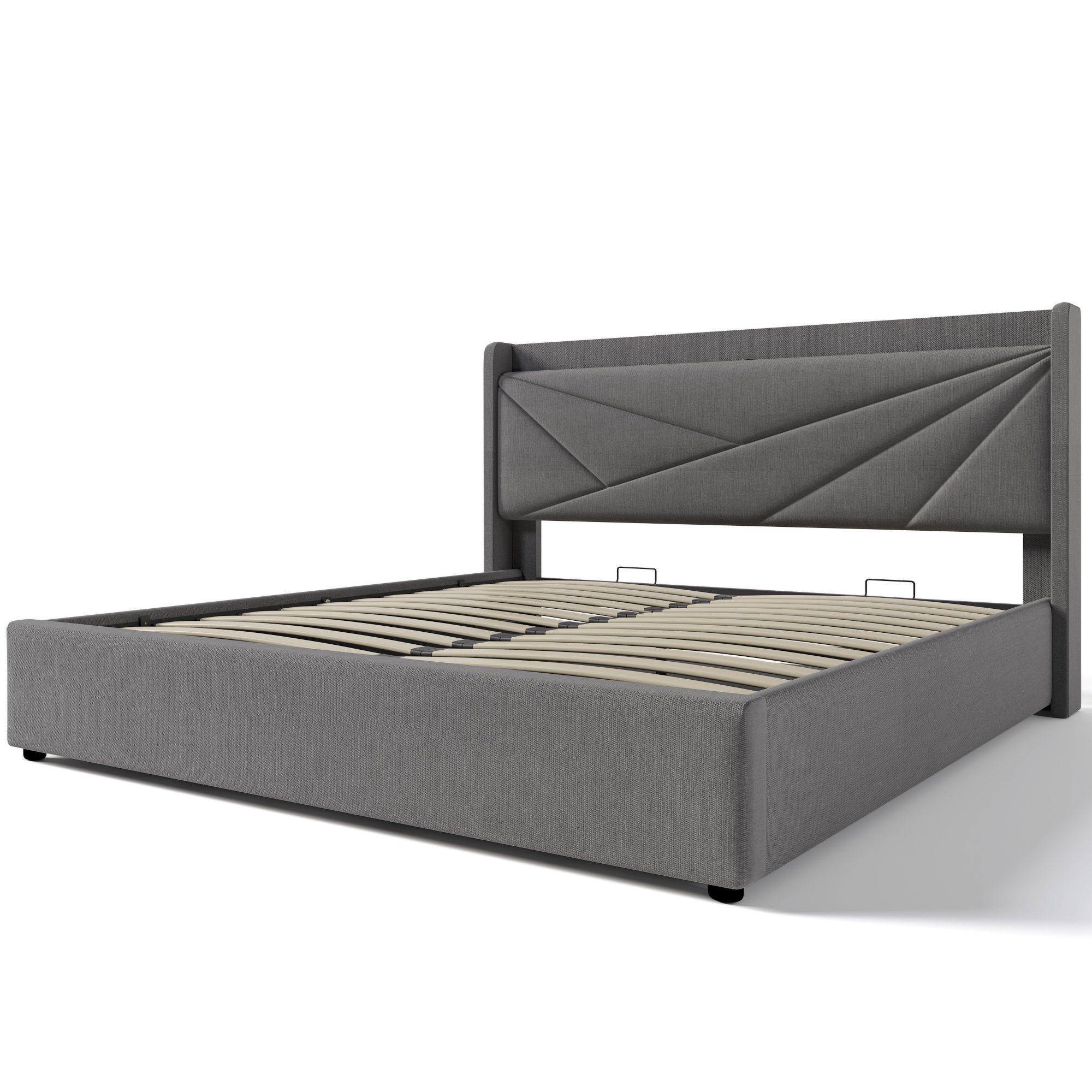 Polsterbett (Funktionsbett mit Lattenrost und Matratze), Stauraumbett 160x200cm mit USB Typ C Ladefunktion Kopfteil, Leinen