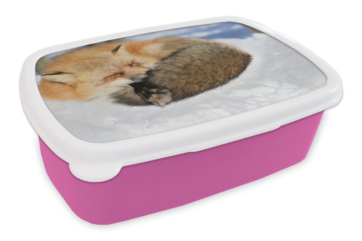 MuchoWow Lunchbox Rotfuchs - Schnee - Tiere, Kunststoff, (2-tlg), Brotbox für Erwachsene, Brotdose Kinder, Snackbox, Mädchen, Kunststoff rosa