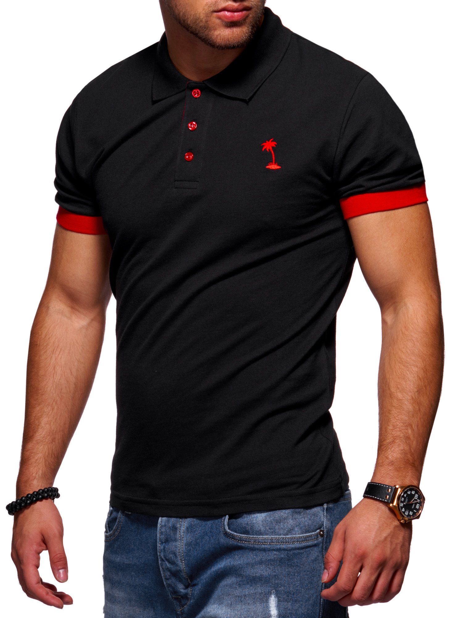 Style-Division Poloshirt Schwarz-Rot Basic SDLOSANG Polo-Hemd