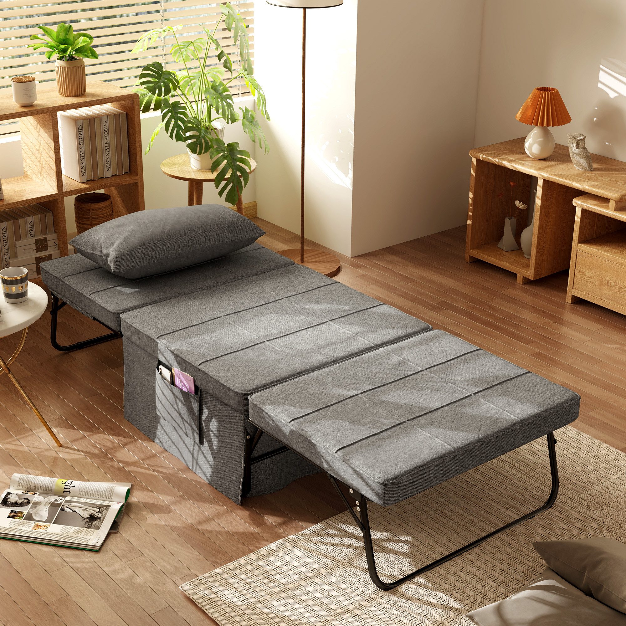 HOMCOM Gästebett 4-in-1 Klappbett, Reisebett, 8 cm Schaumstoff, 150 kg belastbar (5-Stufen Höhenverstellbar, 1-St., mit stabilem Stahlrahmen) Grau, 188 x 75 x 38 cm