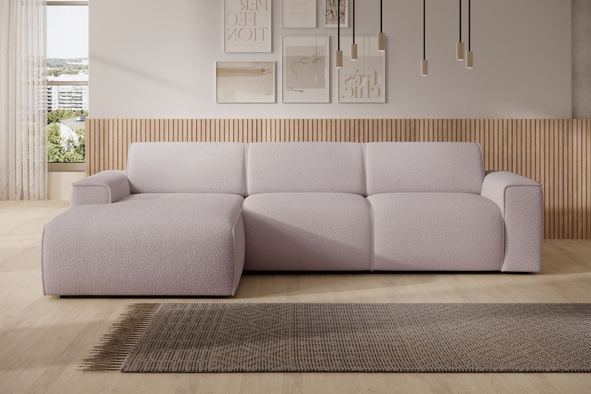 Selsey Ecksofa BOUVI, Eckcouch mit Ottomane rechts / links, Bouclé, 310 cm