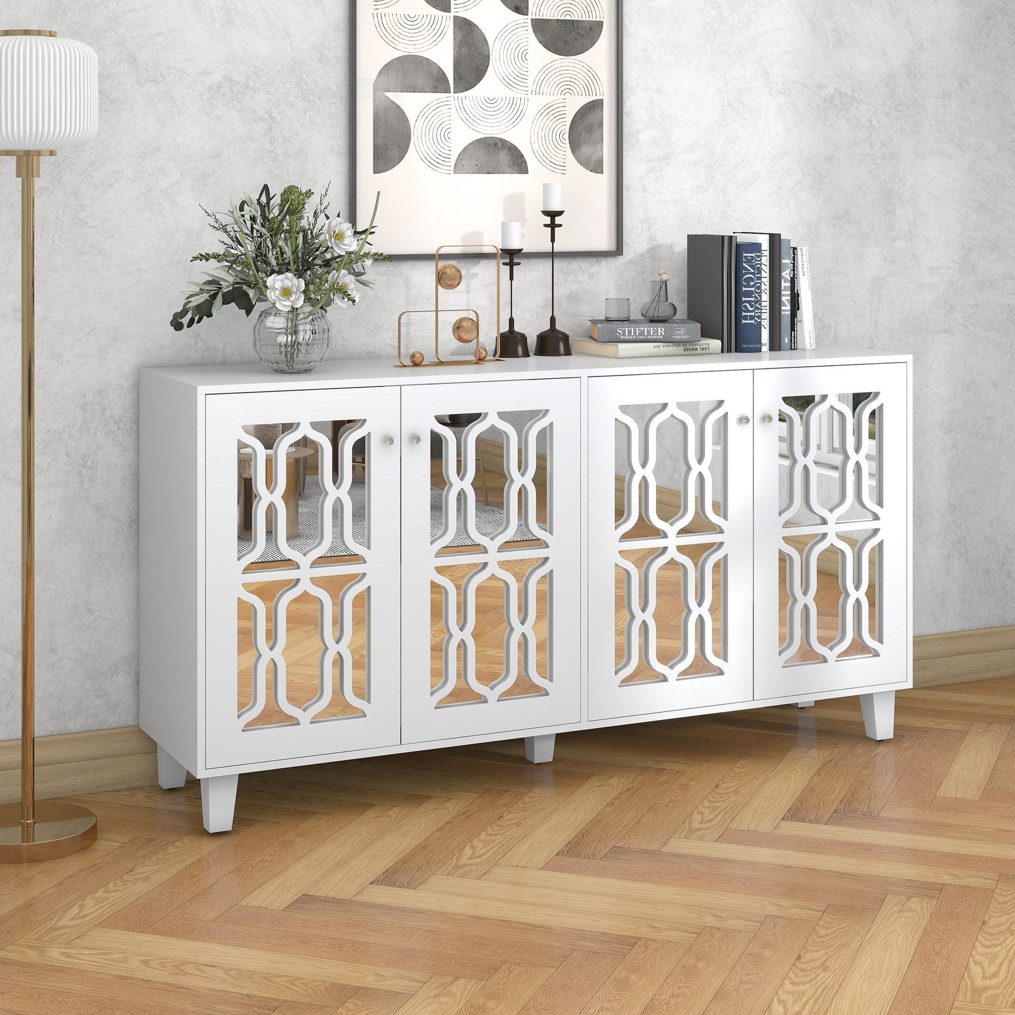 IDEASY Sideboard Weiße 4-türige Spiegelanrichte mit Kristallgriffen