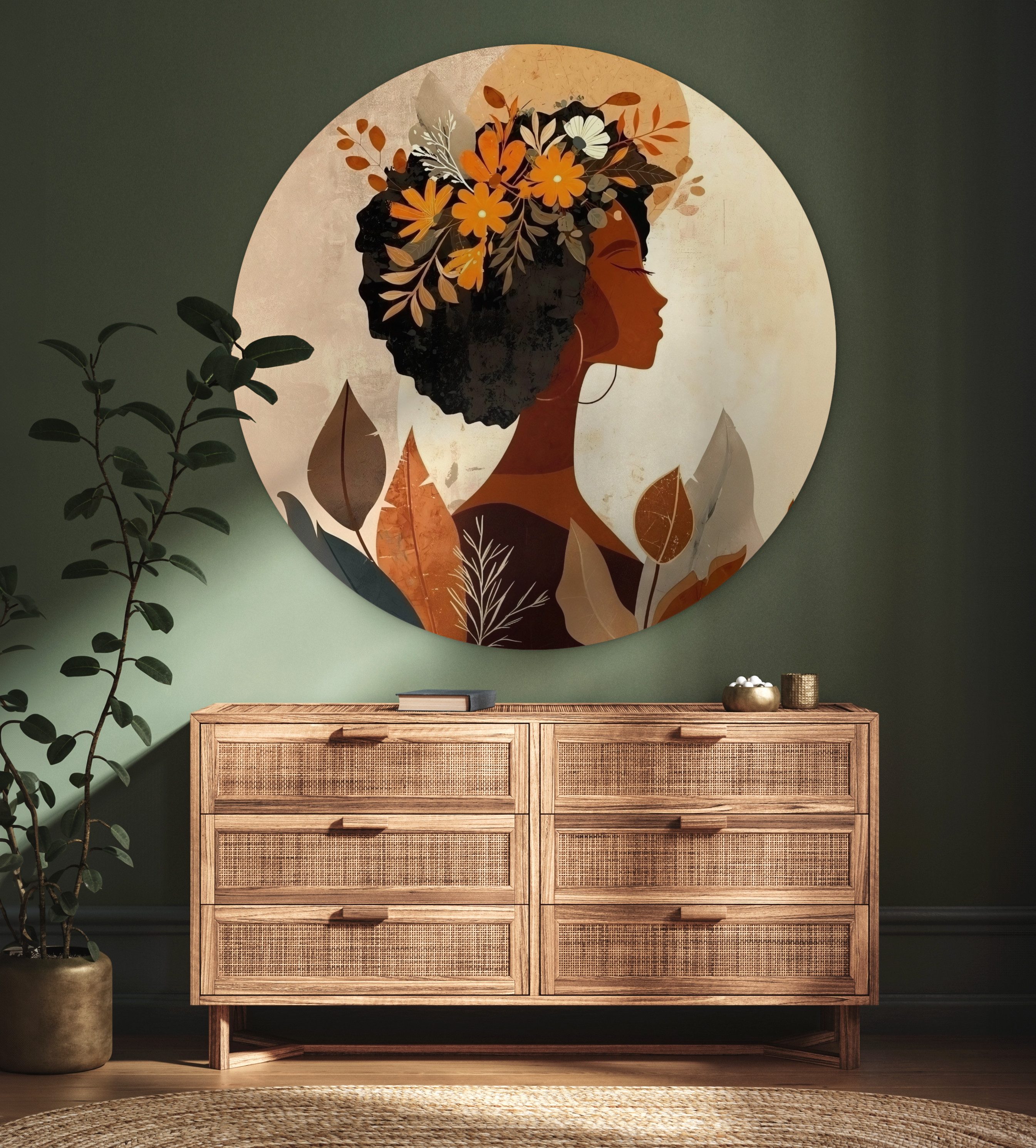 MuchoWow Gemälde Frau - Locken - Blumen - Beige, Fotodruck (1 St), Wandkreis Kunststoff für Wohnzimmer, Wandbild, 150x150 cm