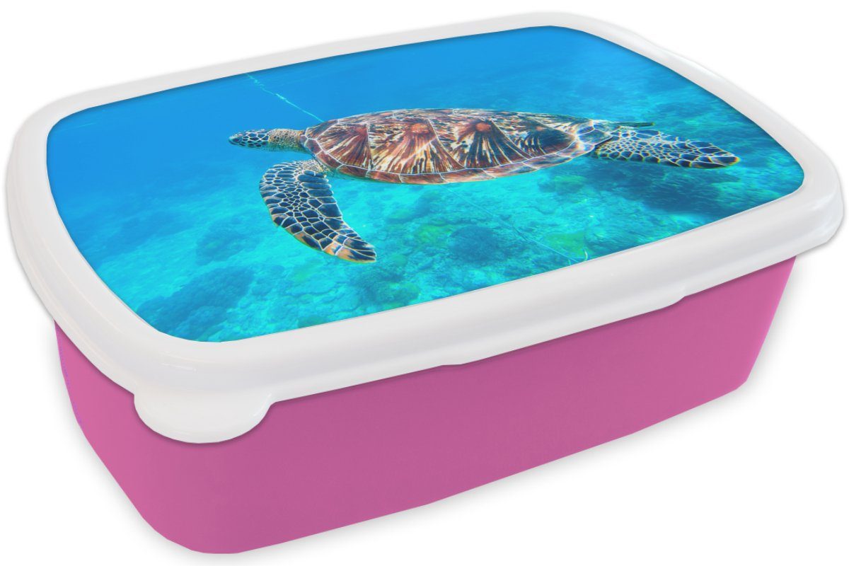 MuchoWow Lunchbox Schildkröte Kinder, Brotdose Kunststoff Kunststoff, Blau, - Brotbox Mädchen, Snackbox, Erwachsene, für (2-tlg), rosa Meer 