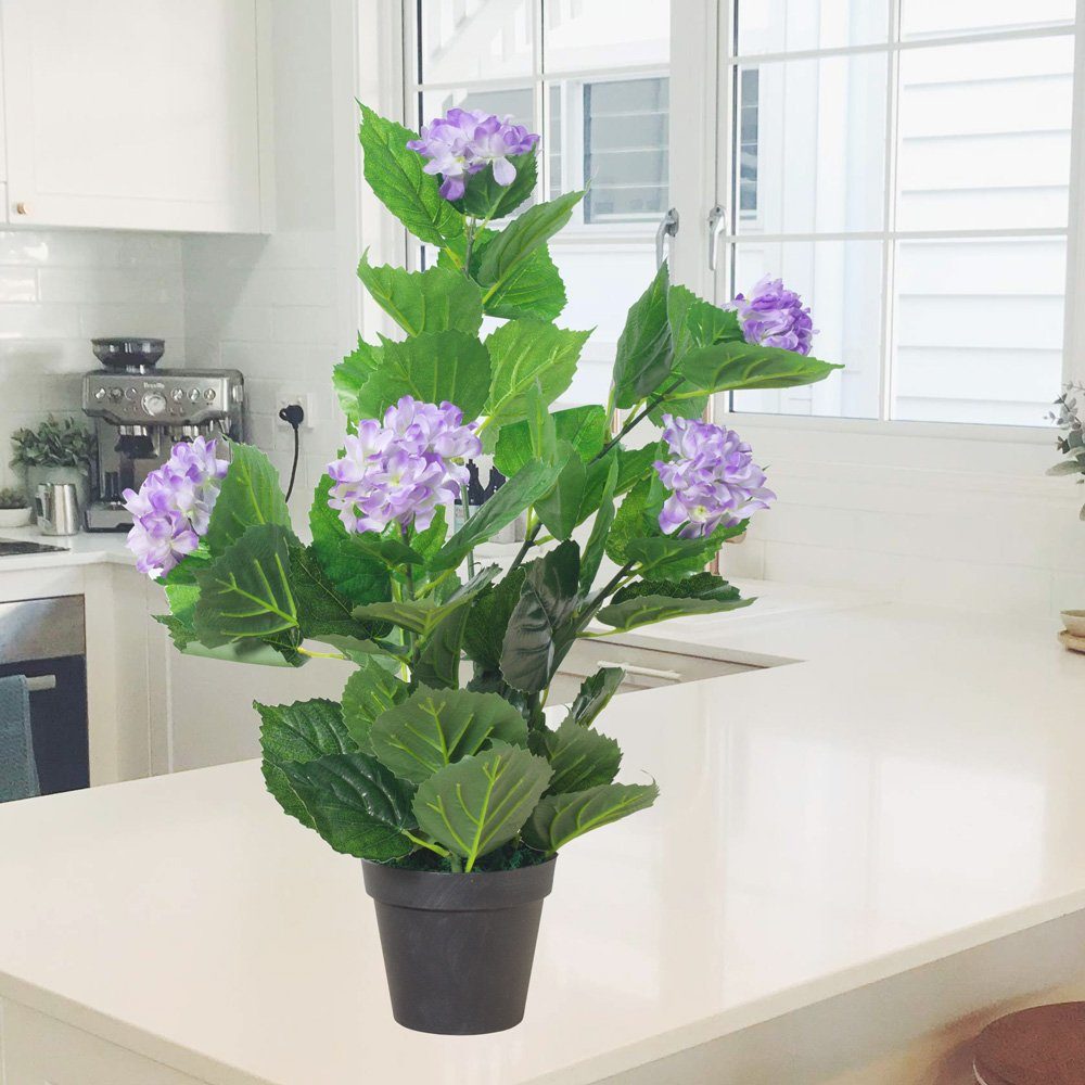 Kunstblume Künstliche Hortensie Hydrangeaceae Kunstpflanze Lila Violett Topf 60cm Hortensie, Decovego, Höhe 60 cm