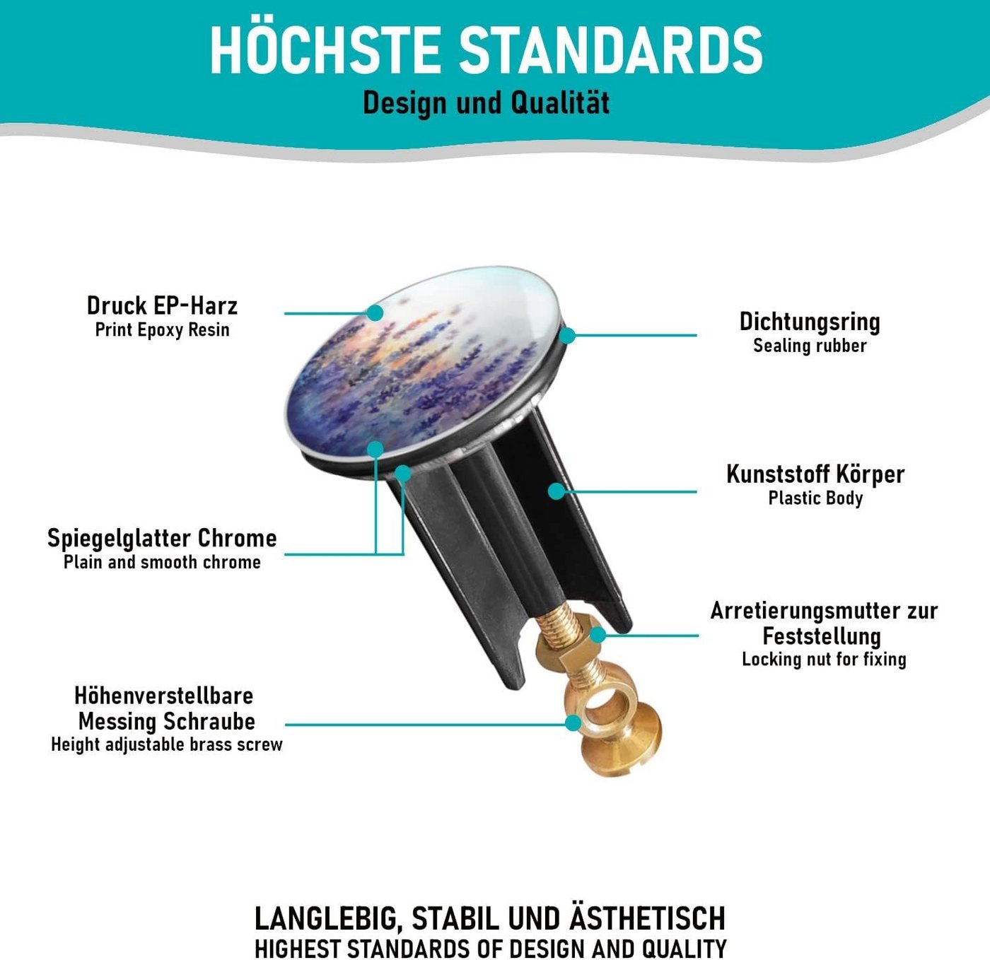 Thumbnail - Arteneur Waschbeckenstöpsel, ⌀ 4 cm, 100% wasserdicht, extra schwerer Messingkern, hochwertig