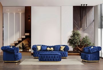 Casa Padrino Hocker Casa Padrino Luxus Chesterfield Samt Hocker Blau / Gold 110 cm
