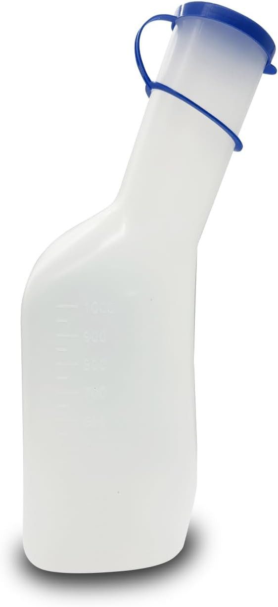 DocMed Urin-Flasche Urinflaschen-Set aus Urinflasche + Halter + Reinigungsbürste (praktischen Pflegepaket, 3 St., Mobile Urinlösung), Wiederverwendbar, langlebig und platzsparend verstaubar