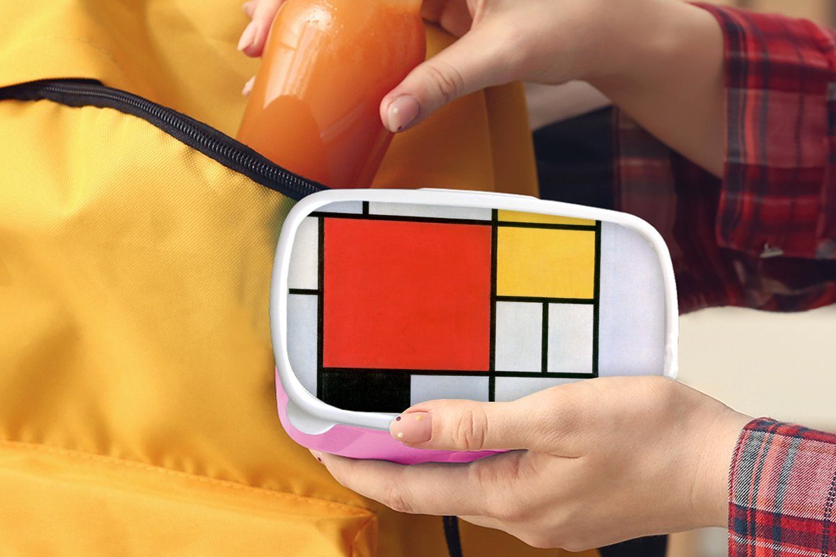 MuchoWow Lunchbox Kunst - Mondrian Alte Brotbox (2-tlg), Kinder, - Kunststoff, Meister, Mädchen, für Erwachsene, rosa Snackbox, Kunststoff Brotdose