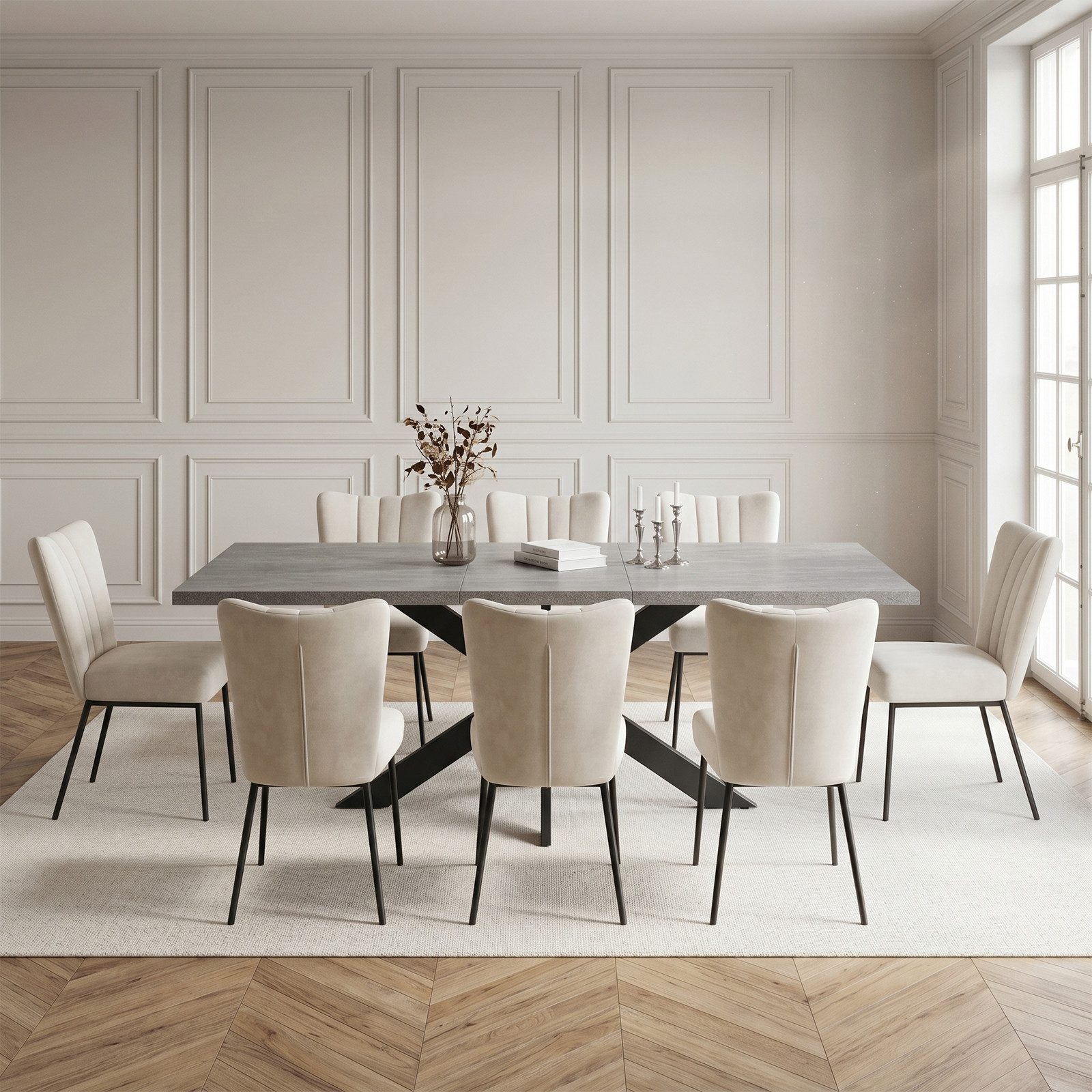 Jiexi Essgruppe Tisch-und Stuhlset, Ausziehbarer Esstisch (160–200 cm) mit 6-8 Stühlen