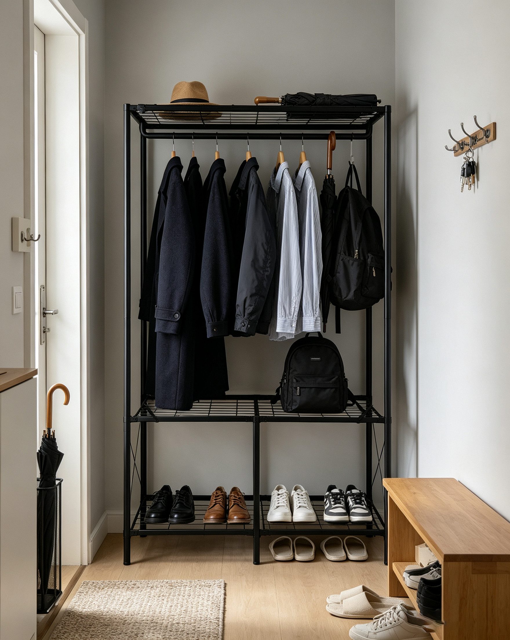 OYLCDI Garderobenständer Kleiderständer Garderobe mit Schuhbank, flurgarderobe, garderobe flur, (Schuhregal,Garderobe, Kleiderschrank, faltbarer Kleiderschrank, Kleiderständer mit Vorhang)