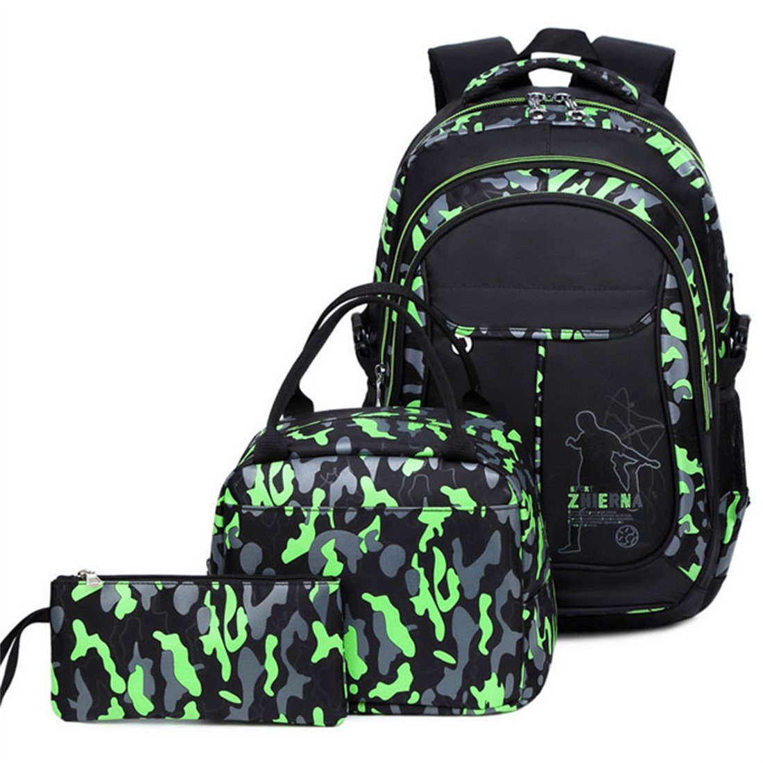 DÖRÖY Schulrucksack Student Backpack gedruckt Camouflage 3 Kinder Set, Schulranzen grün Stück