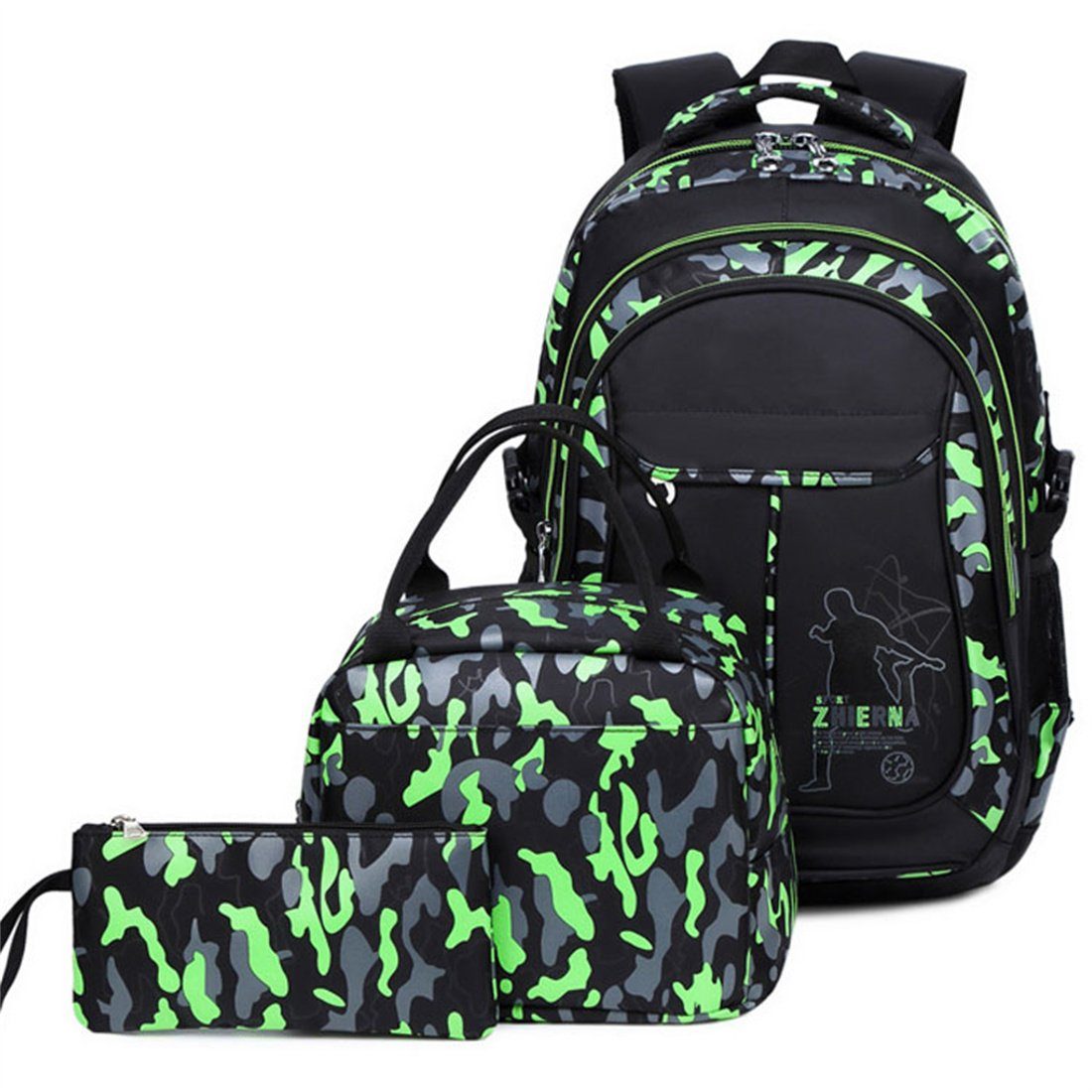 3 gedruckt Kinder Backpack DÖRÖY grün Stück Student Set, Schulranzen Camouflage Schulrucksack