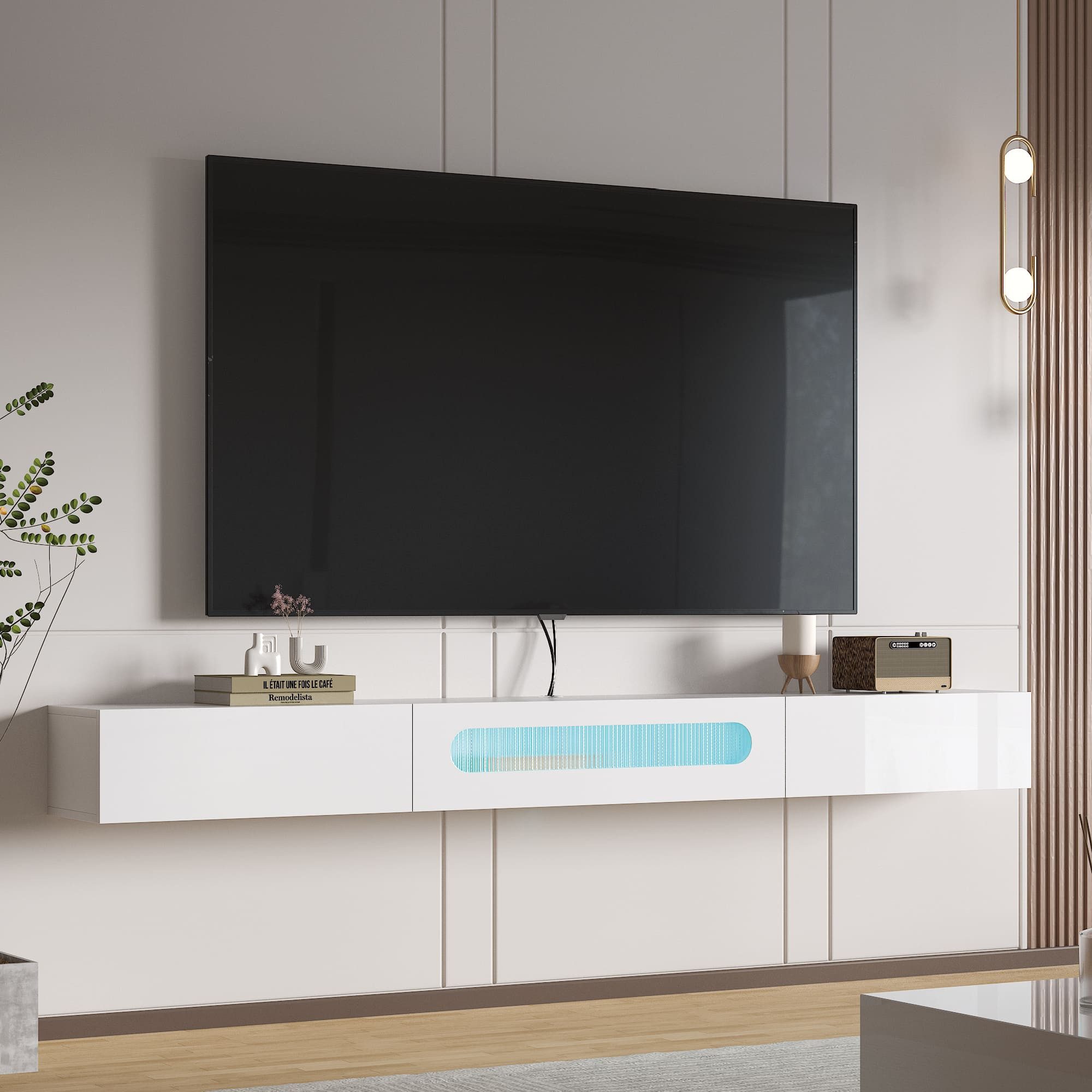 radelldar TV-Schrank Lowboard mit LED-Beleuchtung, 200cm, Hochglanz, (1-St) für Fernseher bis zu 75 Zoll, hängend