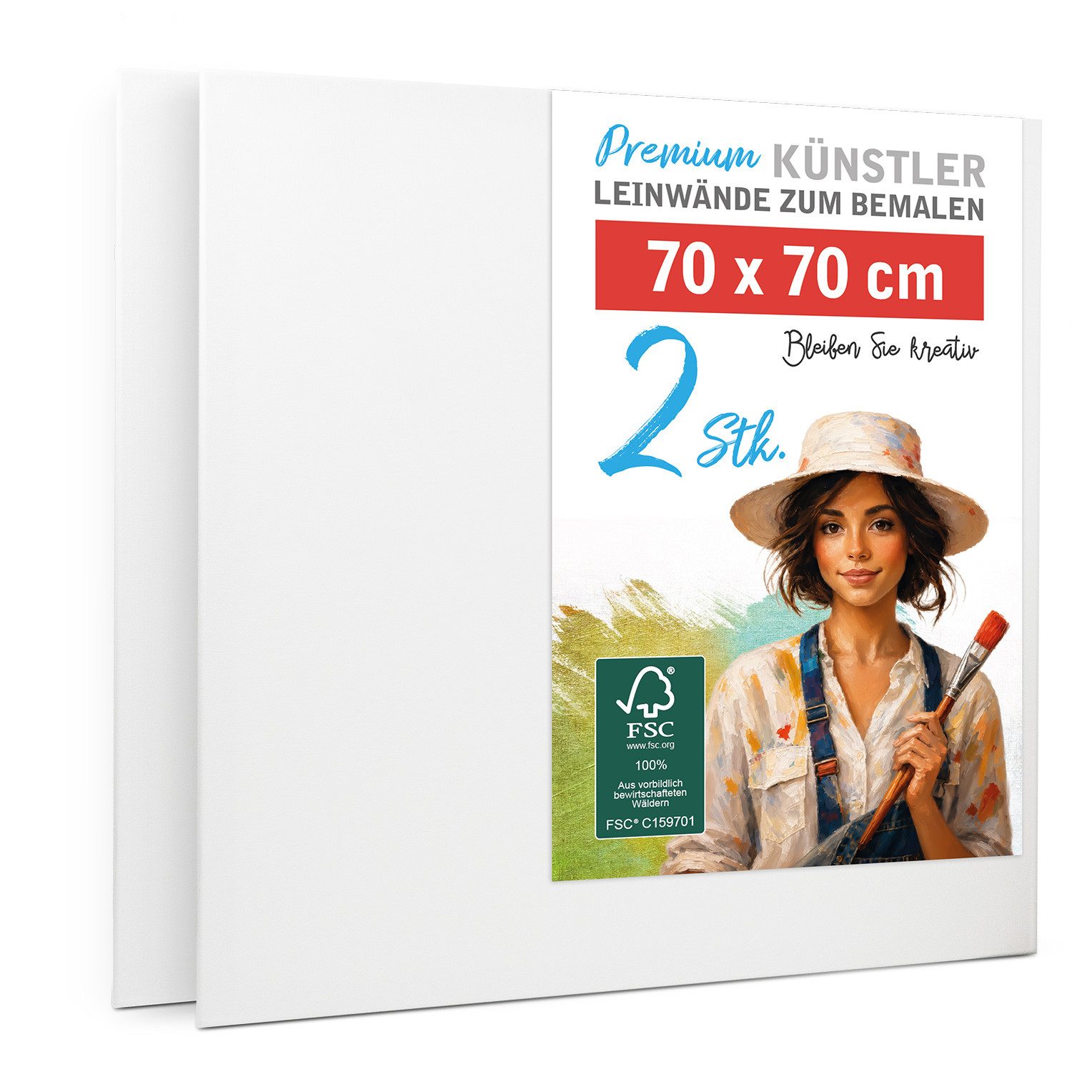 M MERCEO Leinwand 70x70cm Doppelpack, (zum Bemalen, Baumwolle, Keilrahmen,280g/m, 2-fach weiß vorgrundiert)