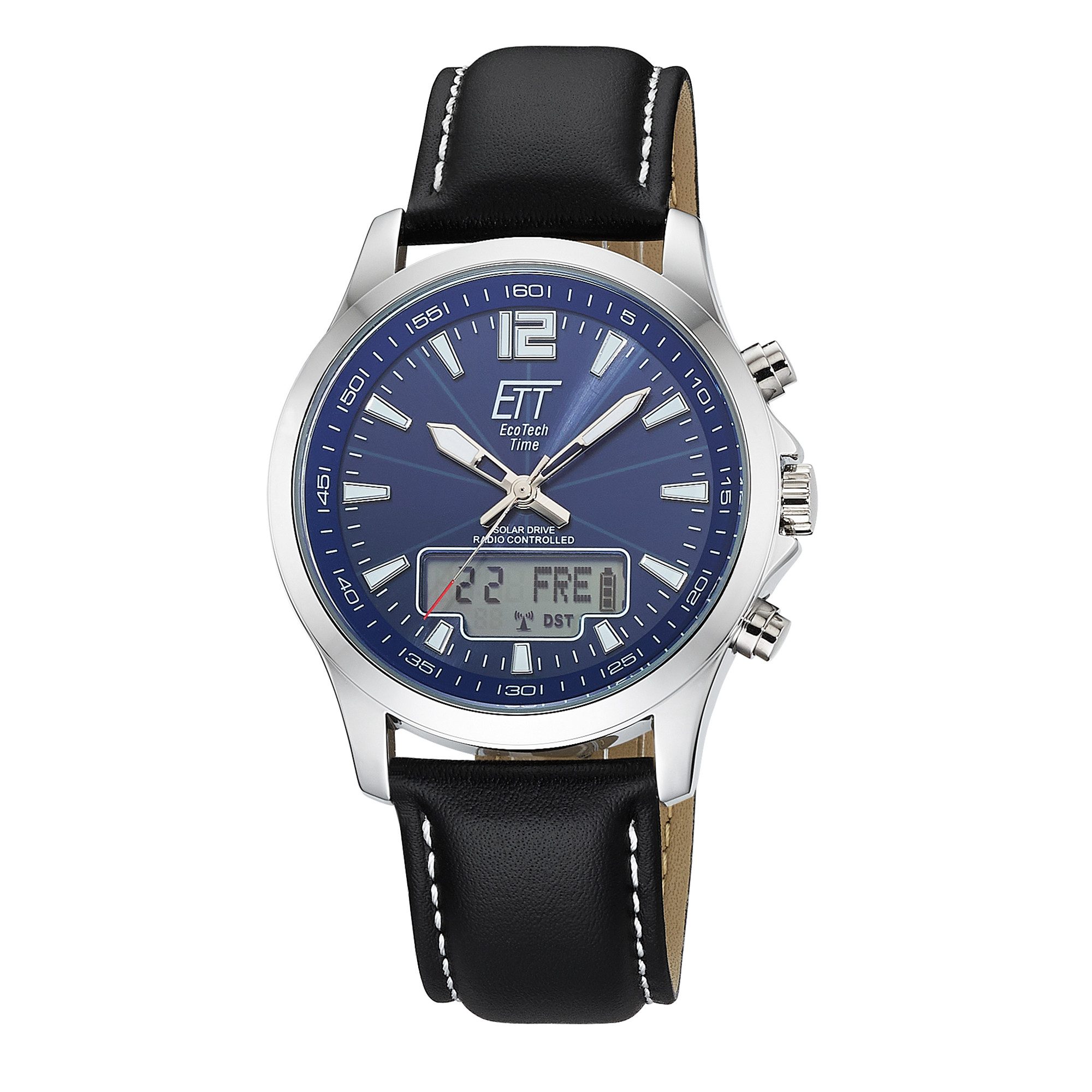 ETT Funkchronograph Professional World Timer EGA-11714-31L, Armbanduhr, Solar, Herrenuhr, Lederarmband, analog, digital, Tag