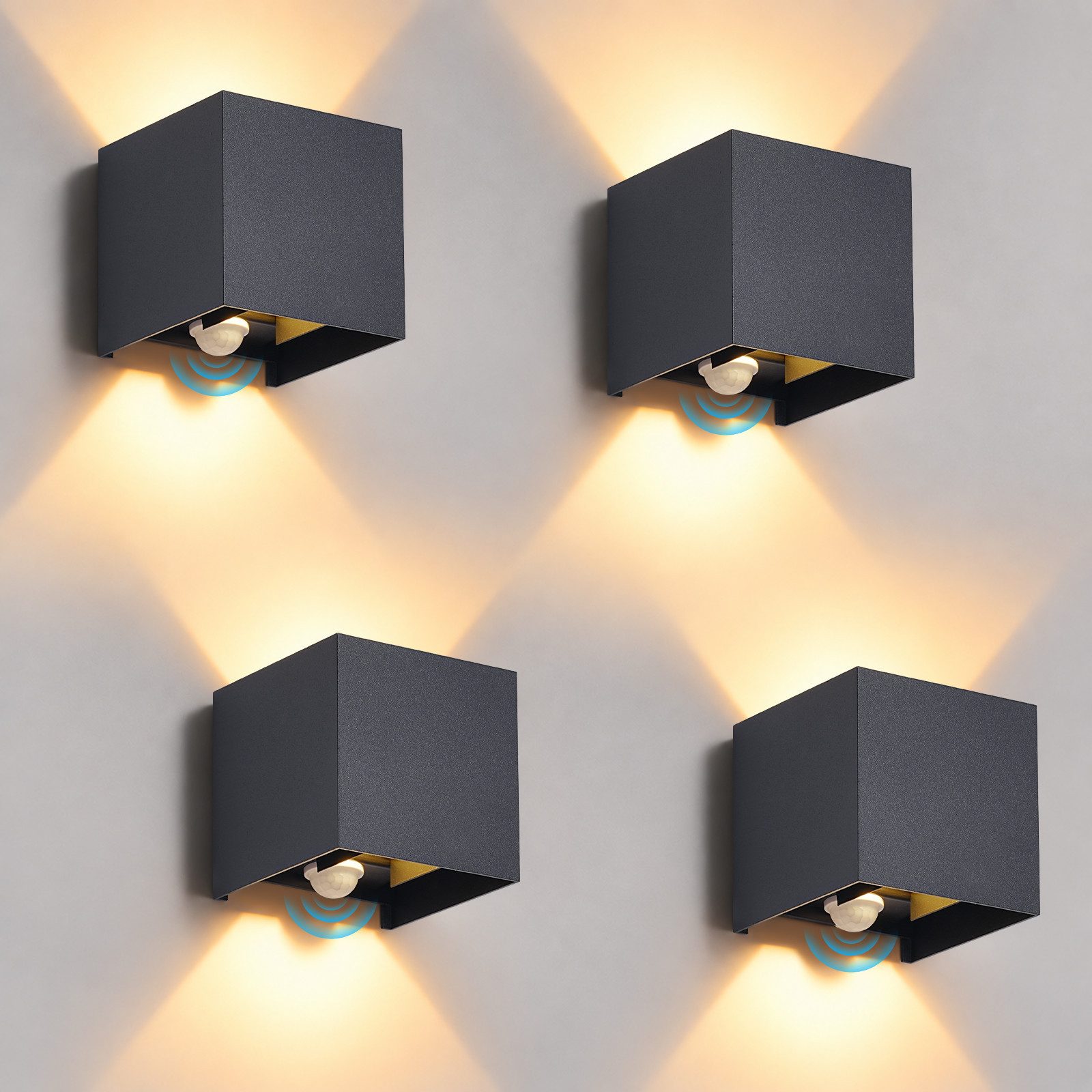 Nettlife LED Wandleuchte innen Außen 6W Bewegungsmelder,3000K,Eckige/Rund Wandlampe Schwarz, LED fest integriert, Warmweiß, Up Down Einstellbar Abstrahlwinkel Wandlampe Hauswand Garte
