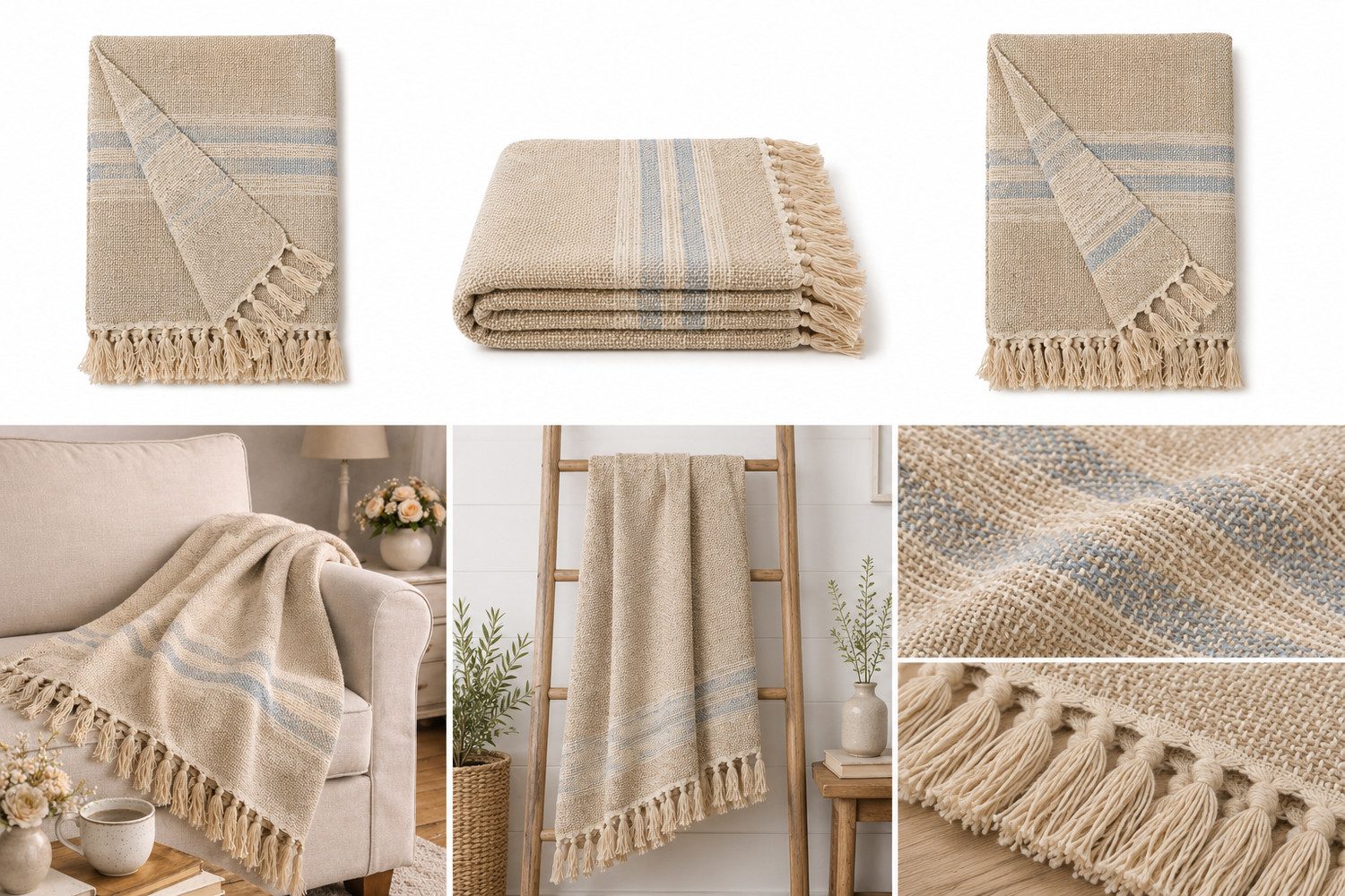 Wohndecke Sand/Light Blue, AU Maison, Stilvolle Baumwolldecke mit Fransen 130x170 cm