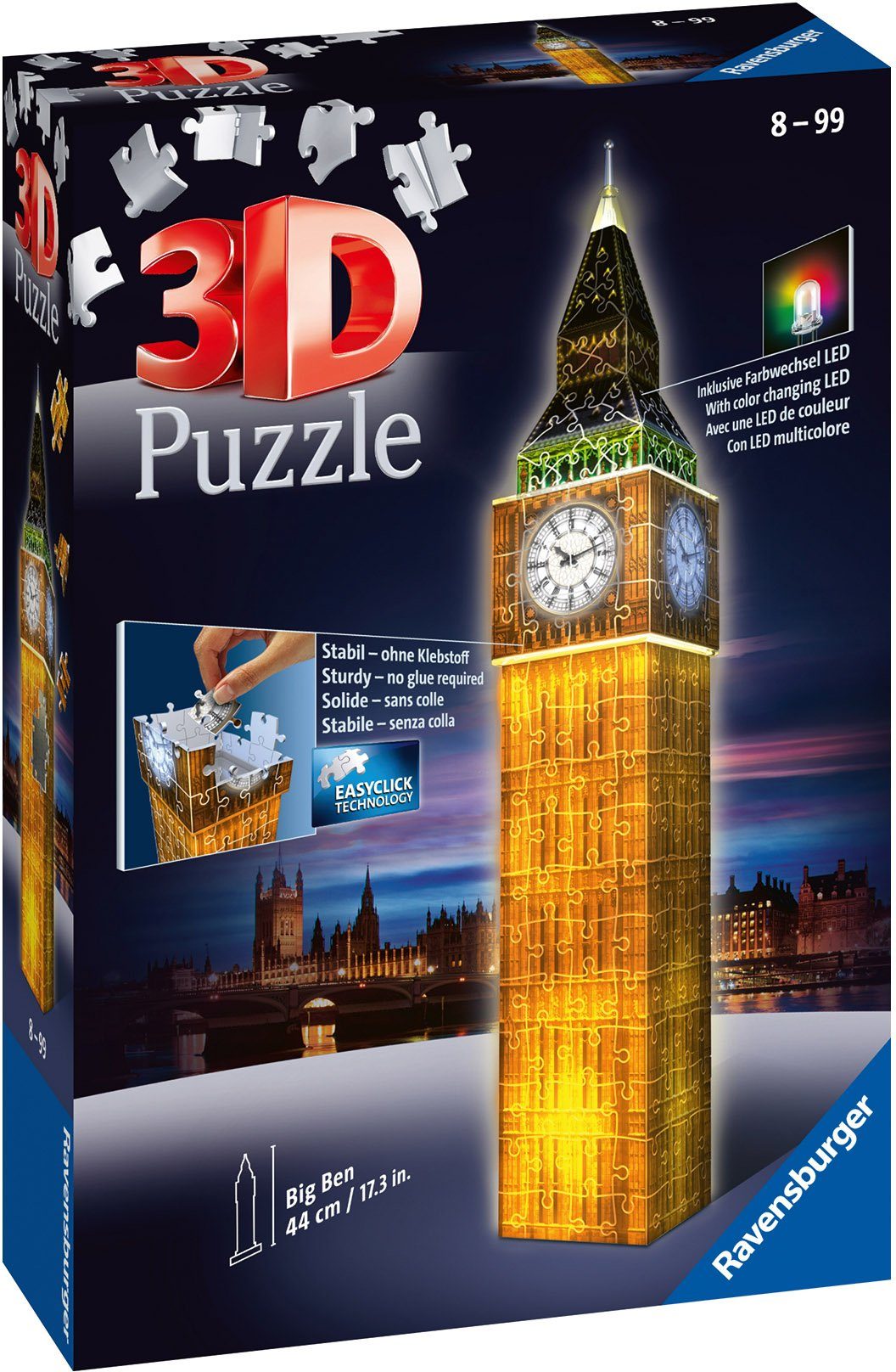 Ravensburger 3D-Puzzle Big Ben bei - 216 in mit LEDs; weltweit Europe, schützt Made Nacht, Farbwechsel Puzzleteile, Wald FSC® 