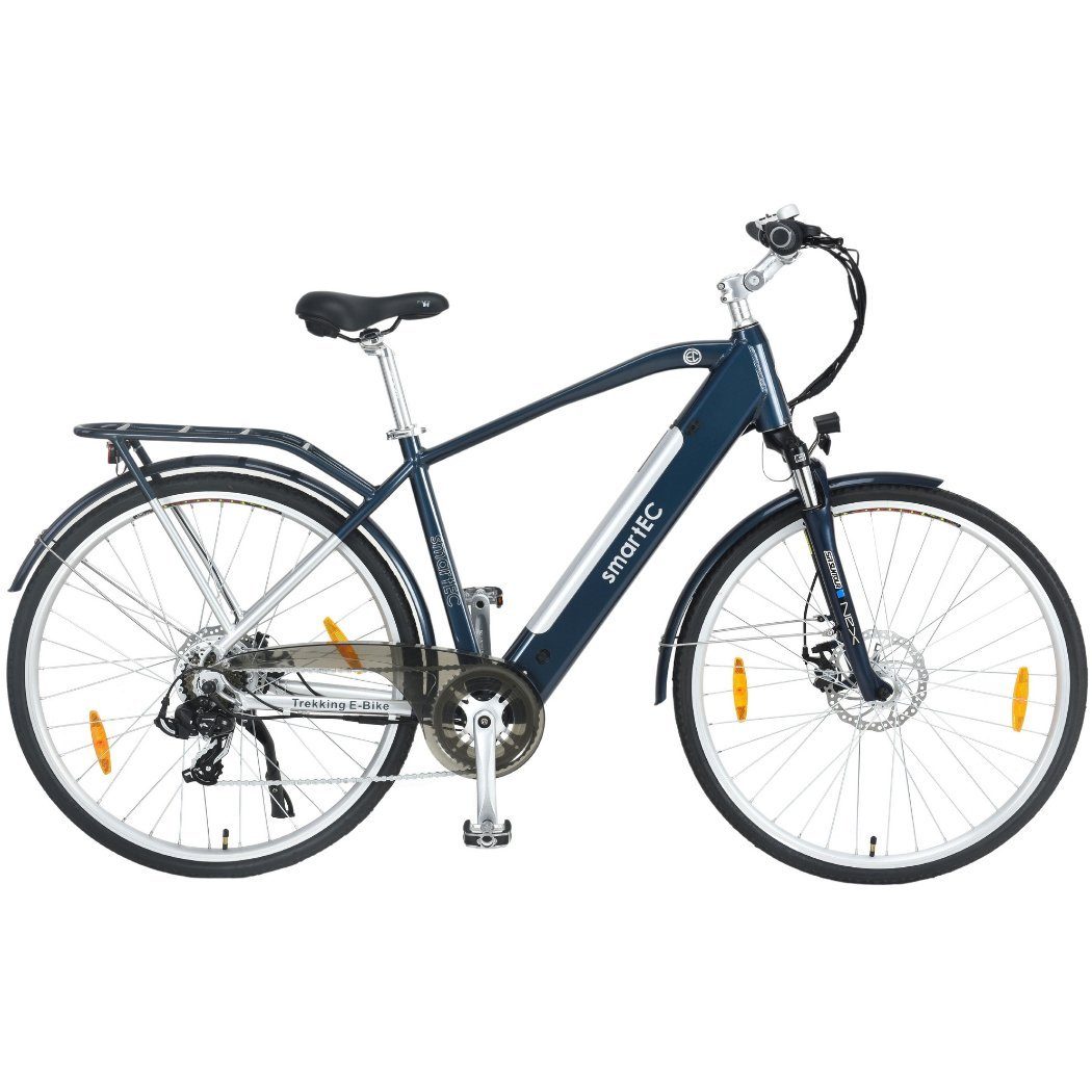 smartEC E-Bike Trekking Fahrrad Trek-28H 28 Zoll Herren, 7 Gang Shimano Tourney Schaltwerk, Kettenschaltung, Hinterrad-Nabenmotor, 468,00 Wh Akku, Batterie, Unterstützung 25 km/h Scheibenbremse 90km Reichweite Anfahrhilfe StVZO Blau