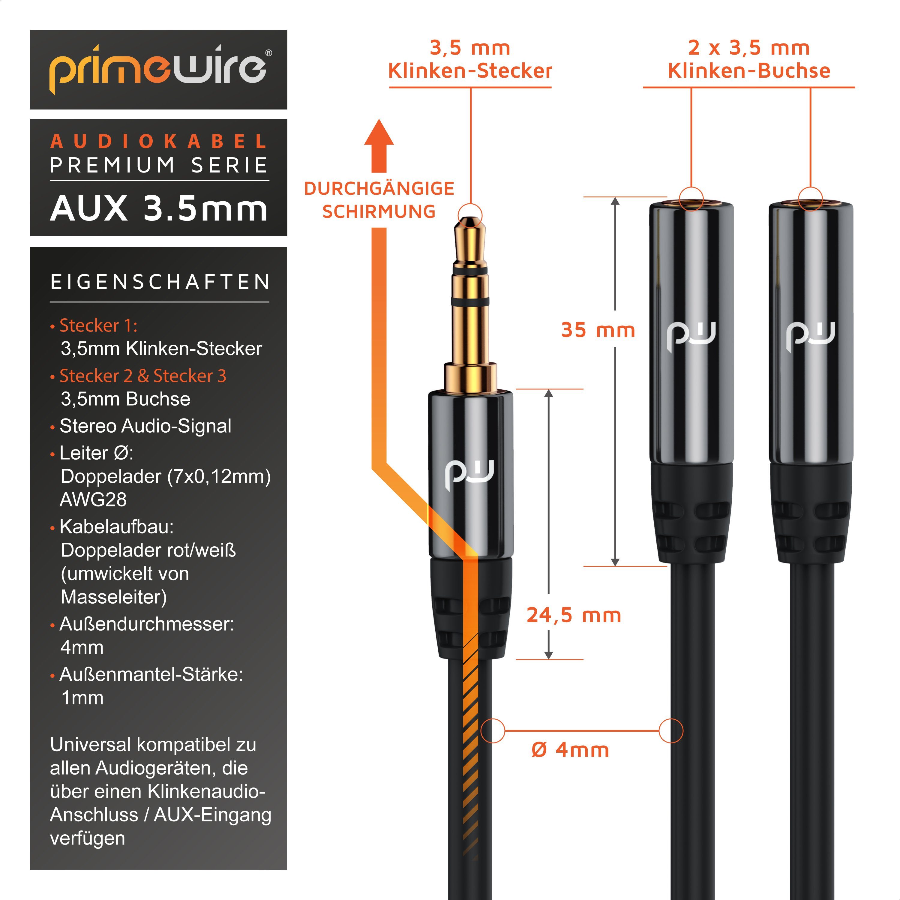 Primewire Premium Stereo Audio AUX Stecker auf 2x Buchse Y-Adapter Audio-Adapter 3,5-mm-Klinke zu 2x 3,5-mm-Buchse, 15 cm, 2 Kopfhörer an einem Gerät, für Smart – Bild 2 von 5
