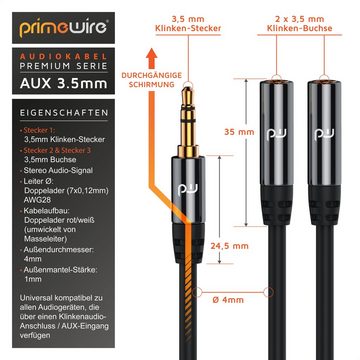 Primewire Audio-Adapter 3,5-mm-Klinke zu 2x 3,5-mm-Buchse, 15 cm, Premium Stereo Audio AUX Stecker auf 2x Buchse Y-Adapter