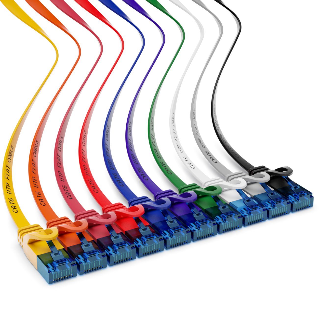 deleyCON 10x 2m CAT6 Flaches Netzwerkkabel 1,5mm Flachbandkabel U-UTP RJ45 Bunt LAN-Kabel