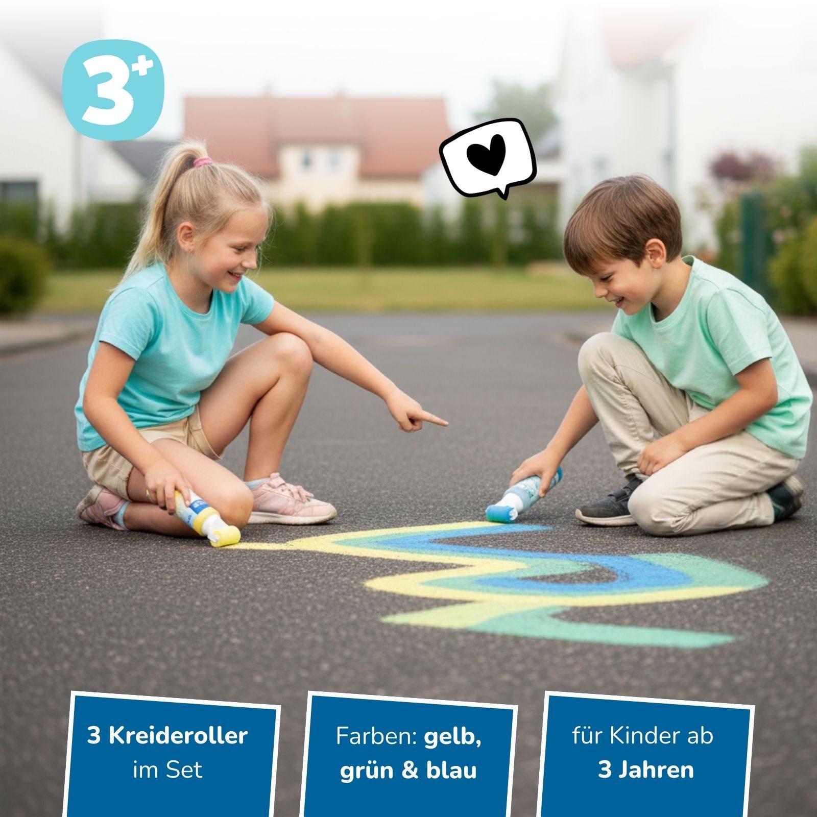 alldoro Malkreide Straßenmalkreide-Roller, 3er Set, flüssige Kreidefarbe ohne Flecken, Straßenkreide, Kreidepulver in grün, blau & gelb zum Malen auf Asphalt