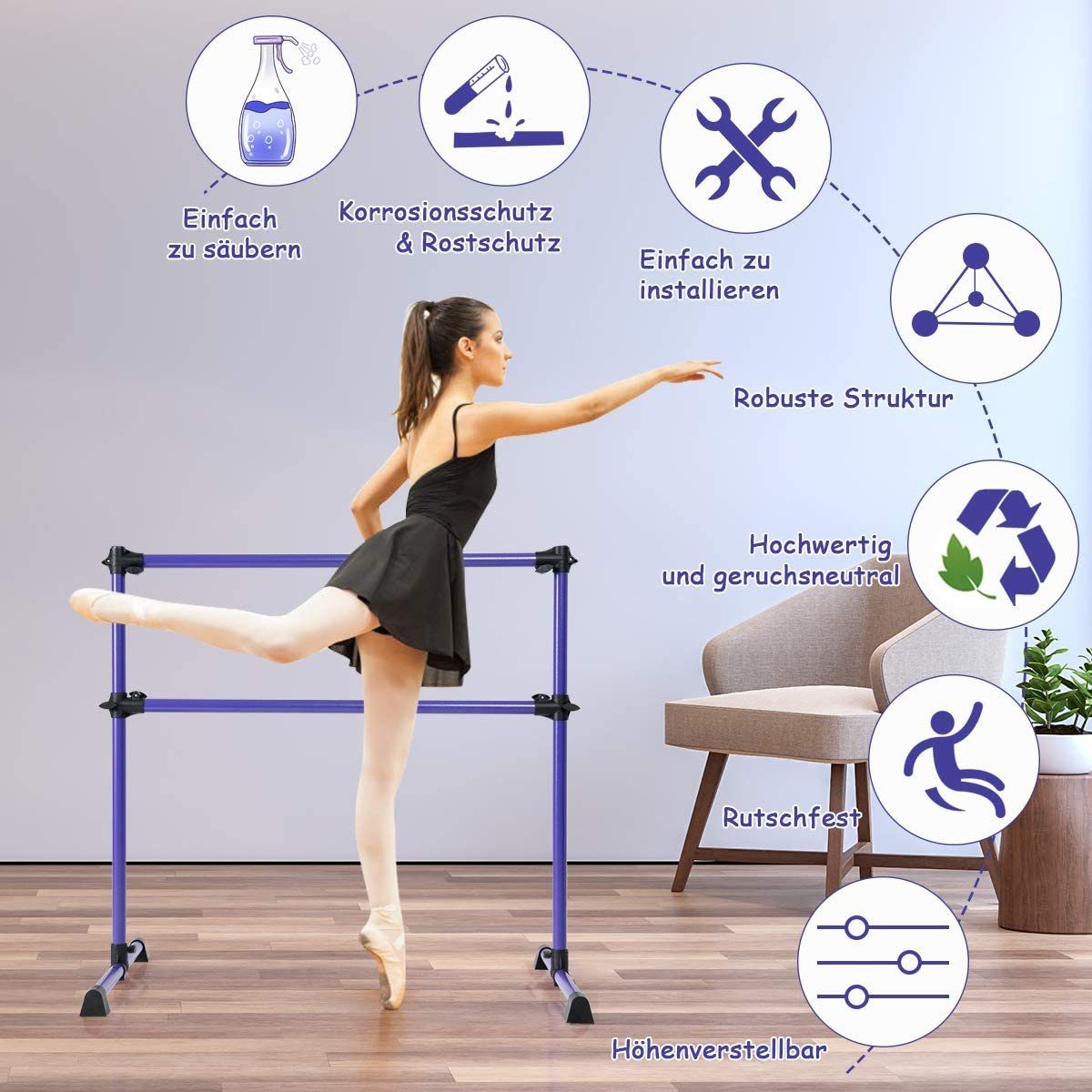 COSTWAY Balancetrainer Ballettstange, höhenverstellbar, bis 50kg
