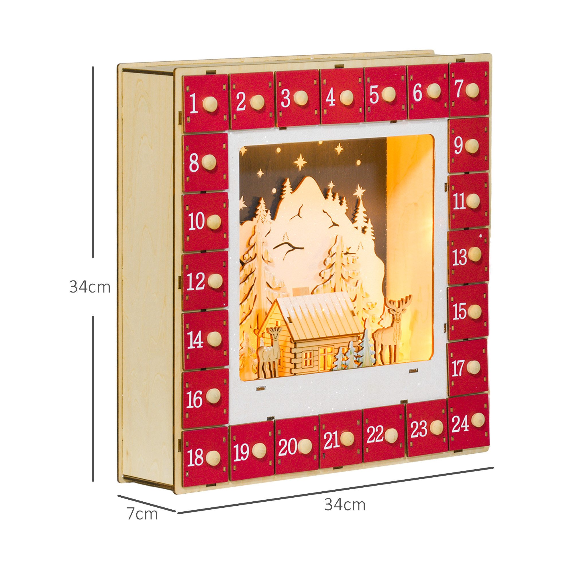 HOMCOM Weihnachtsdorf Adventskalender zum Befüllen, 24 Schubladen Fächer, mit LED-Lichtern, DIY MDF 34 x 7 x 34 cm Rot