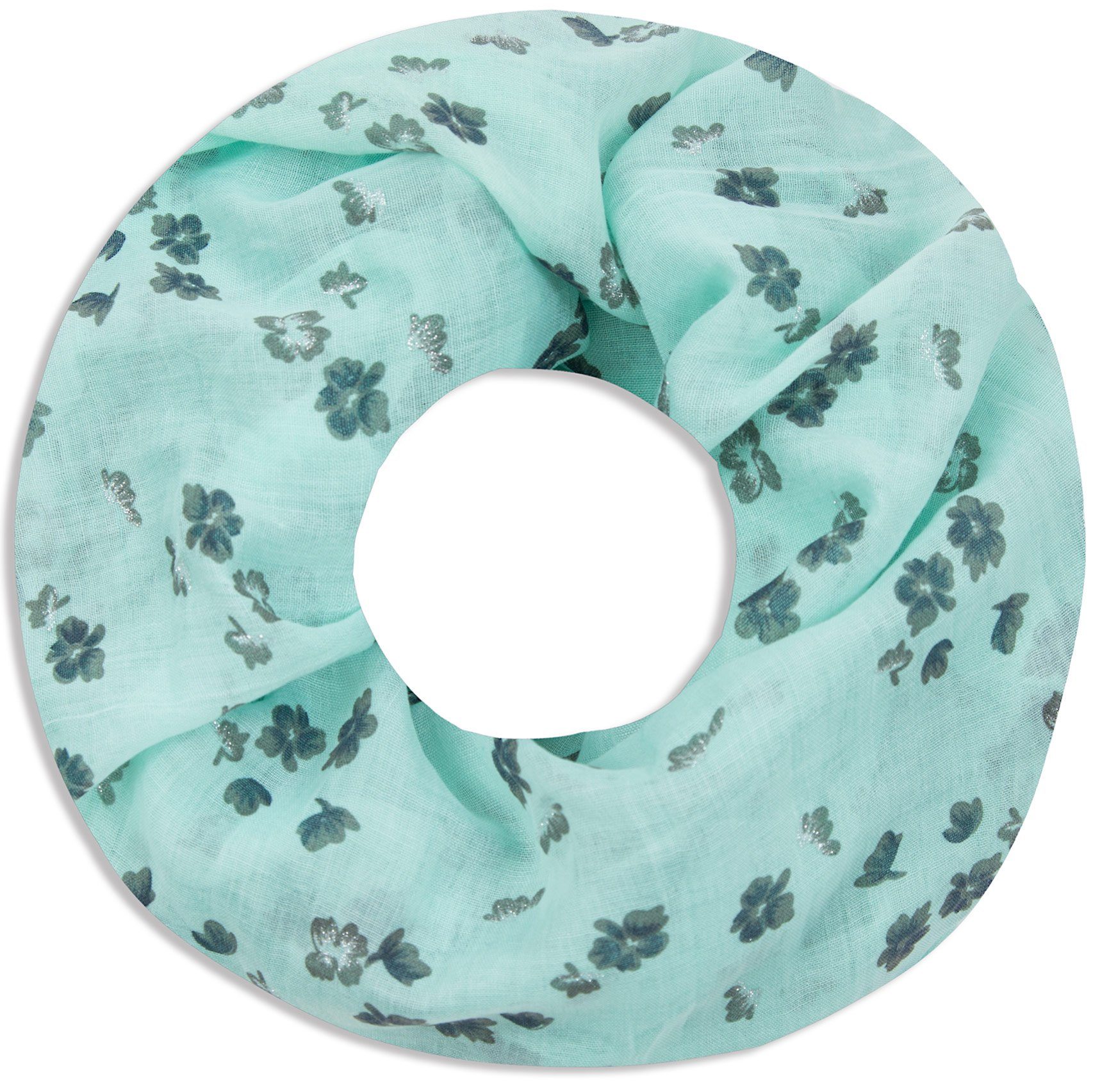 Faera Loop, Damen Schal Flowers weich und leicht mit Blumen-Druck Loopschal Rundschal mint