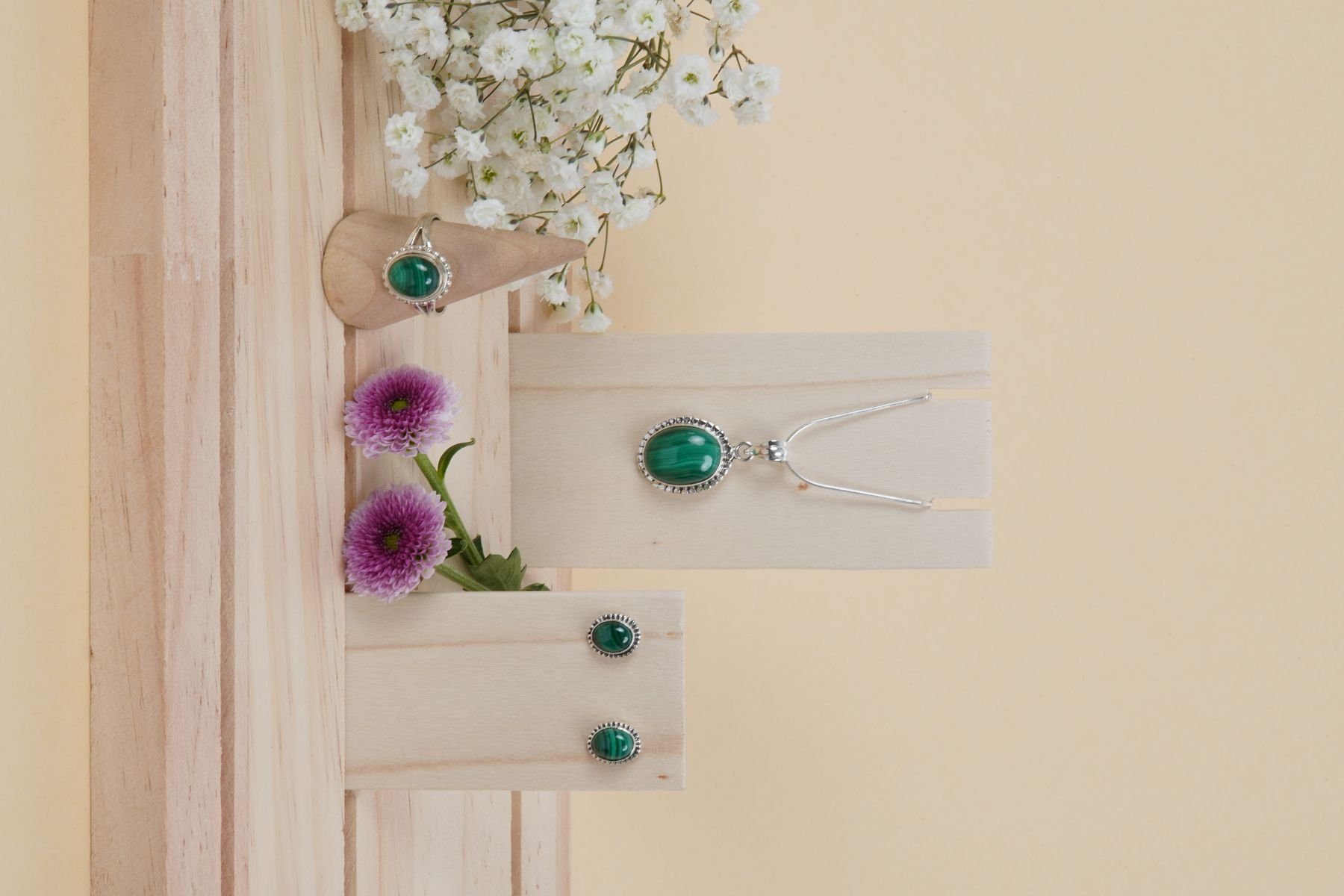 mantraroma Schmuckset 925er Silber mit Malachit (Schmuckset aus 925 Silber)