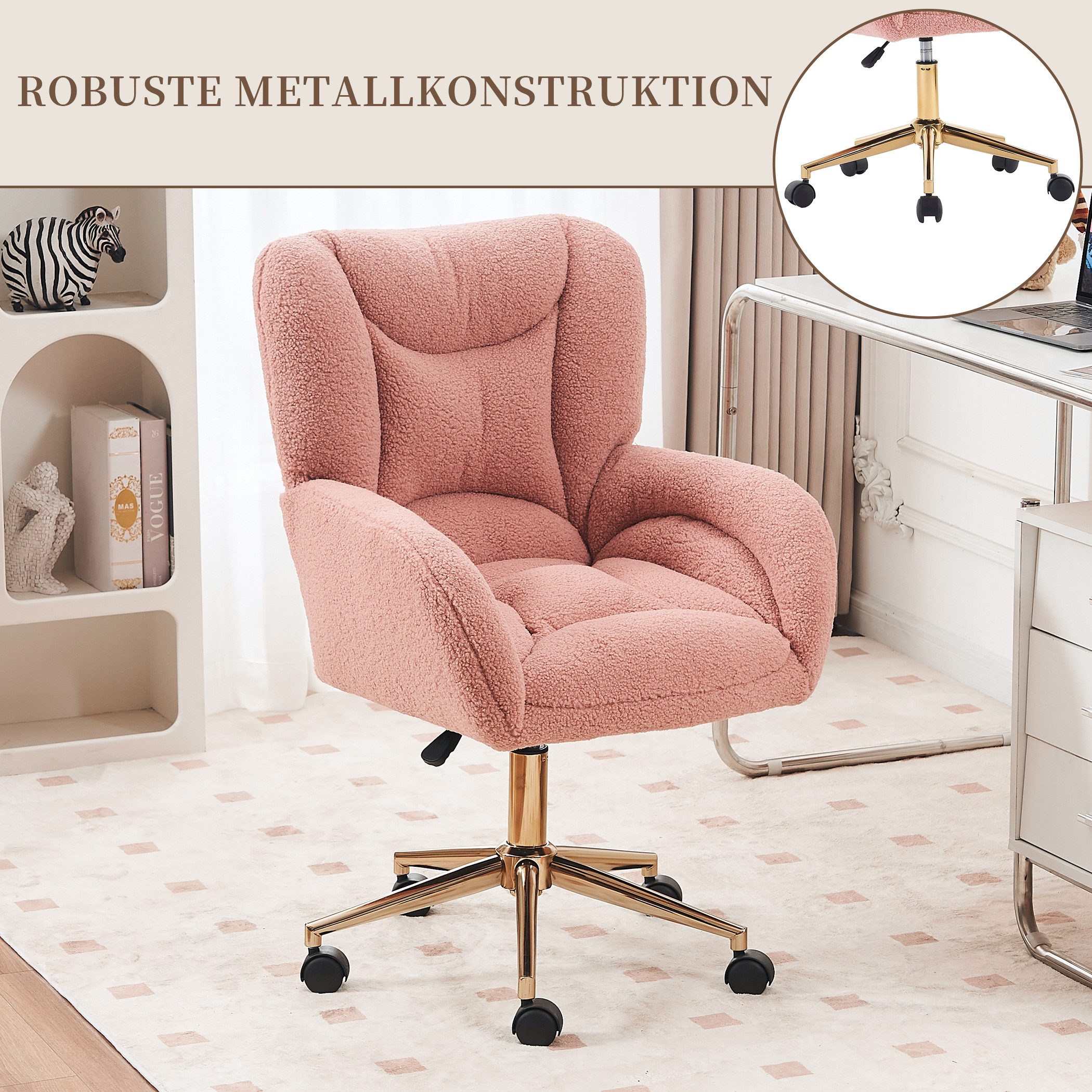 SeedWave Drehstuhl mit Rollen, Homeoffice Stuhl Höhenverstellbarer Sessel mit Kreuzfüßen, Teddy Schreibtischstuhl mit Metallbasis und Steppdesign