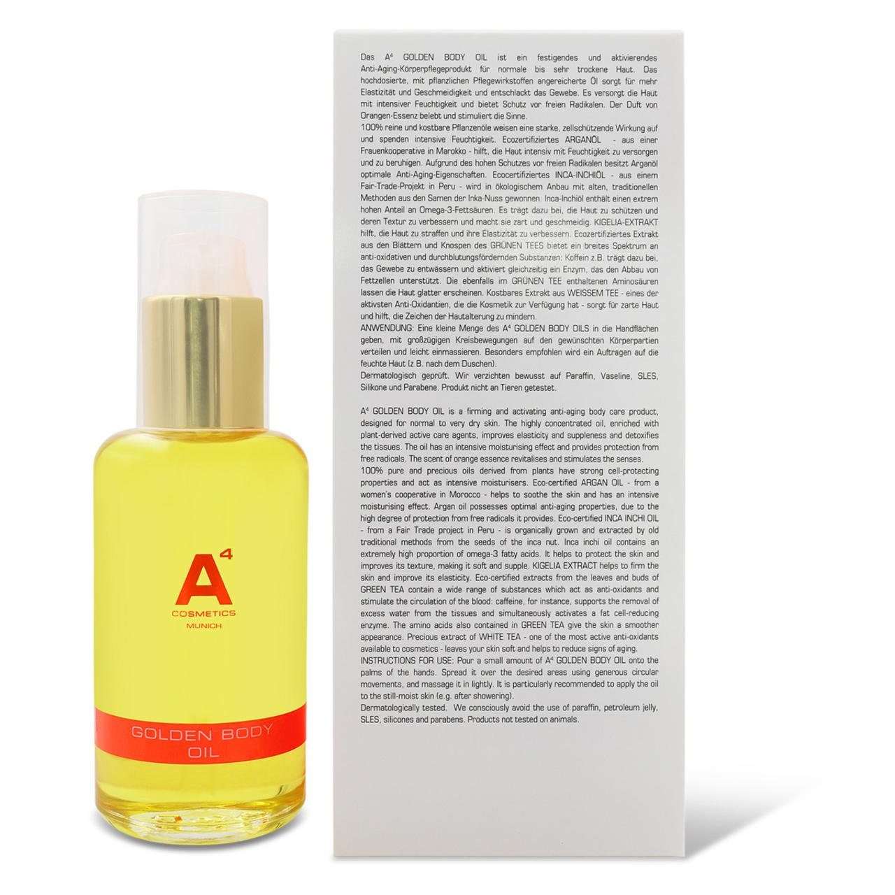 A4 Cosmetics Bodylotion Golden Body Oil, Straffende Wirkung: Tripeptide, Hefe-Polysaccharid
