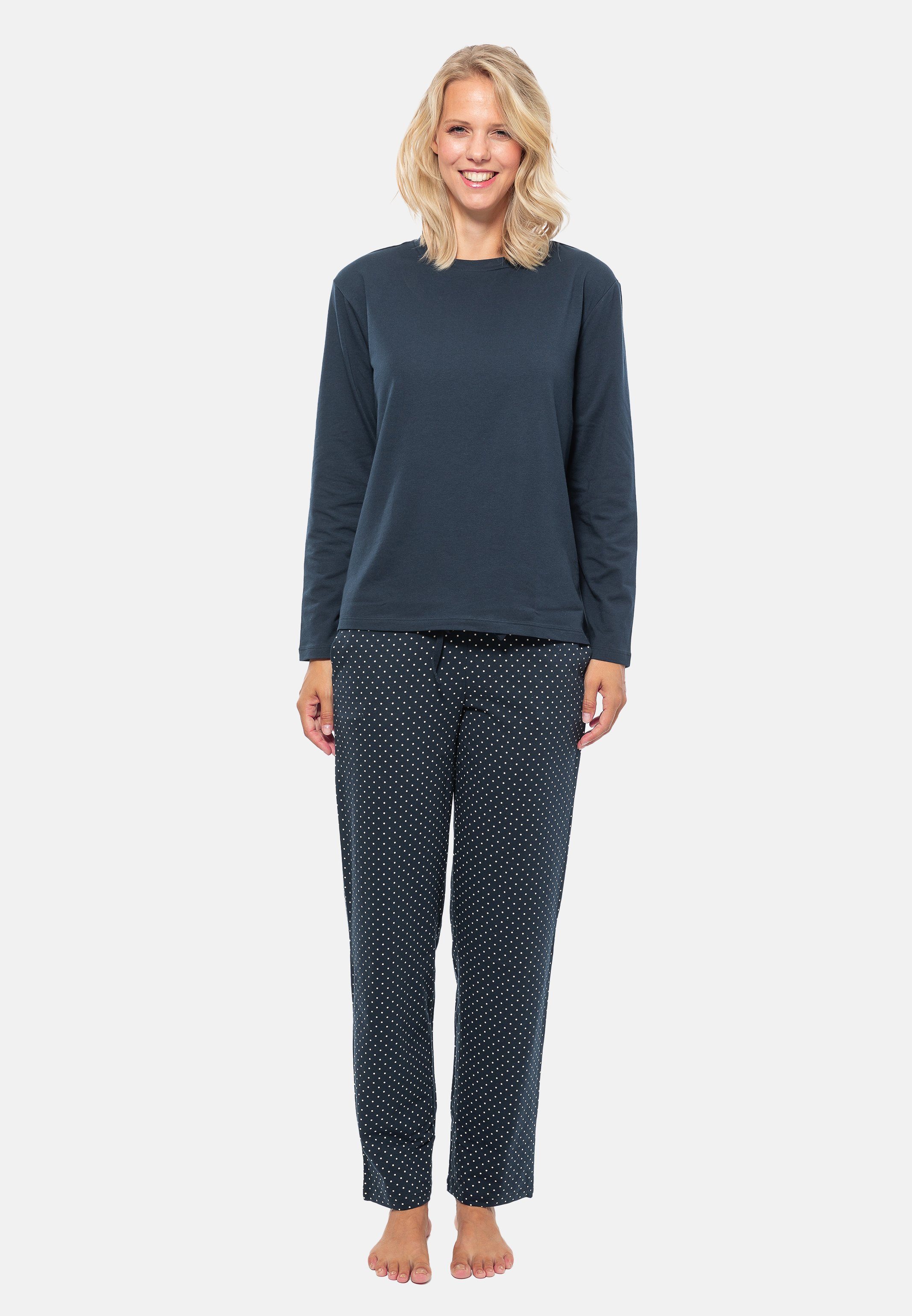 Schiesser Pyjama Organic Cotton / tlg) - - Dunkelblau 2 (Set, gepunktet Baumwolle Blau Schlafanzug
