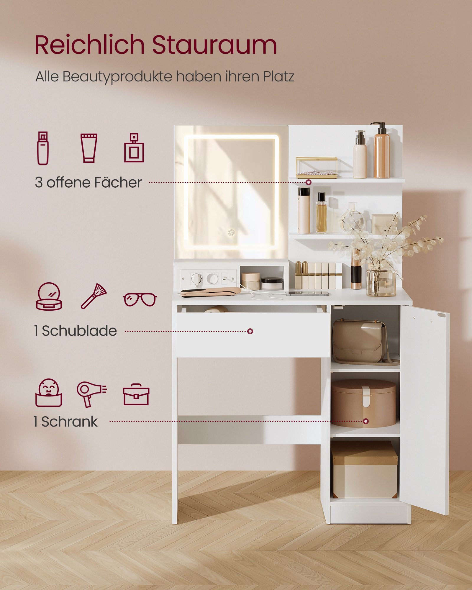 VASAGLE Schminktisch Frisiertisch, Kosmetiktisch, Schublade und offene Abla günstig online kaufen