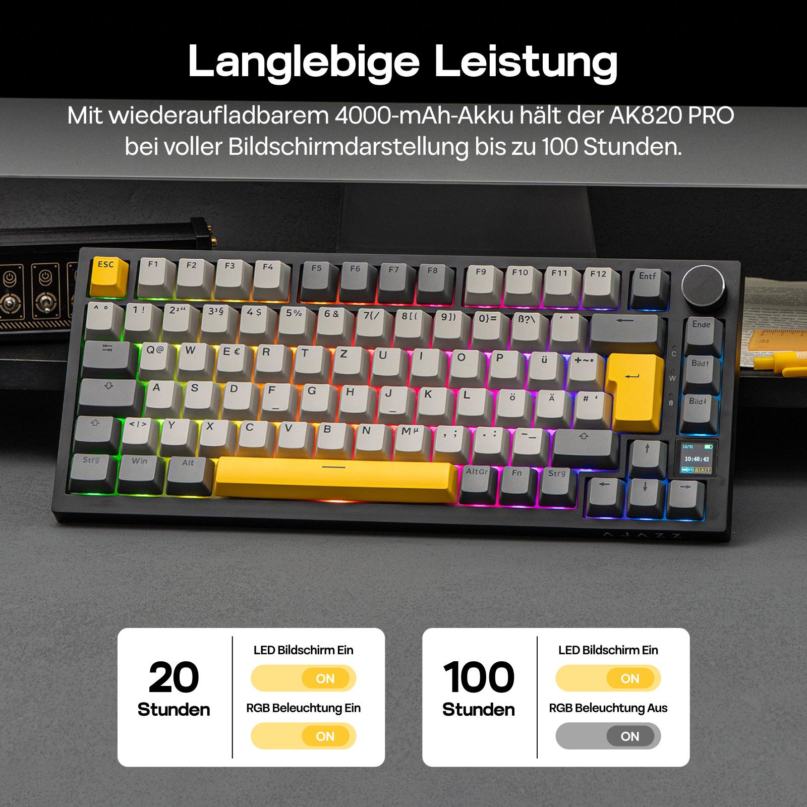 AJAZZ ISO-DE Mechanische Tastatur Kabellos, RGB 75% Gaming Tastatur (BT/2,4 GHz/Kabel, TFT-Display, Creamy Gasket) – Bild 4 von 5