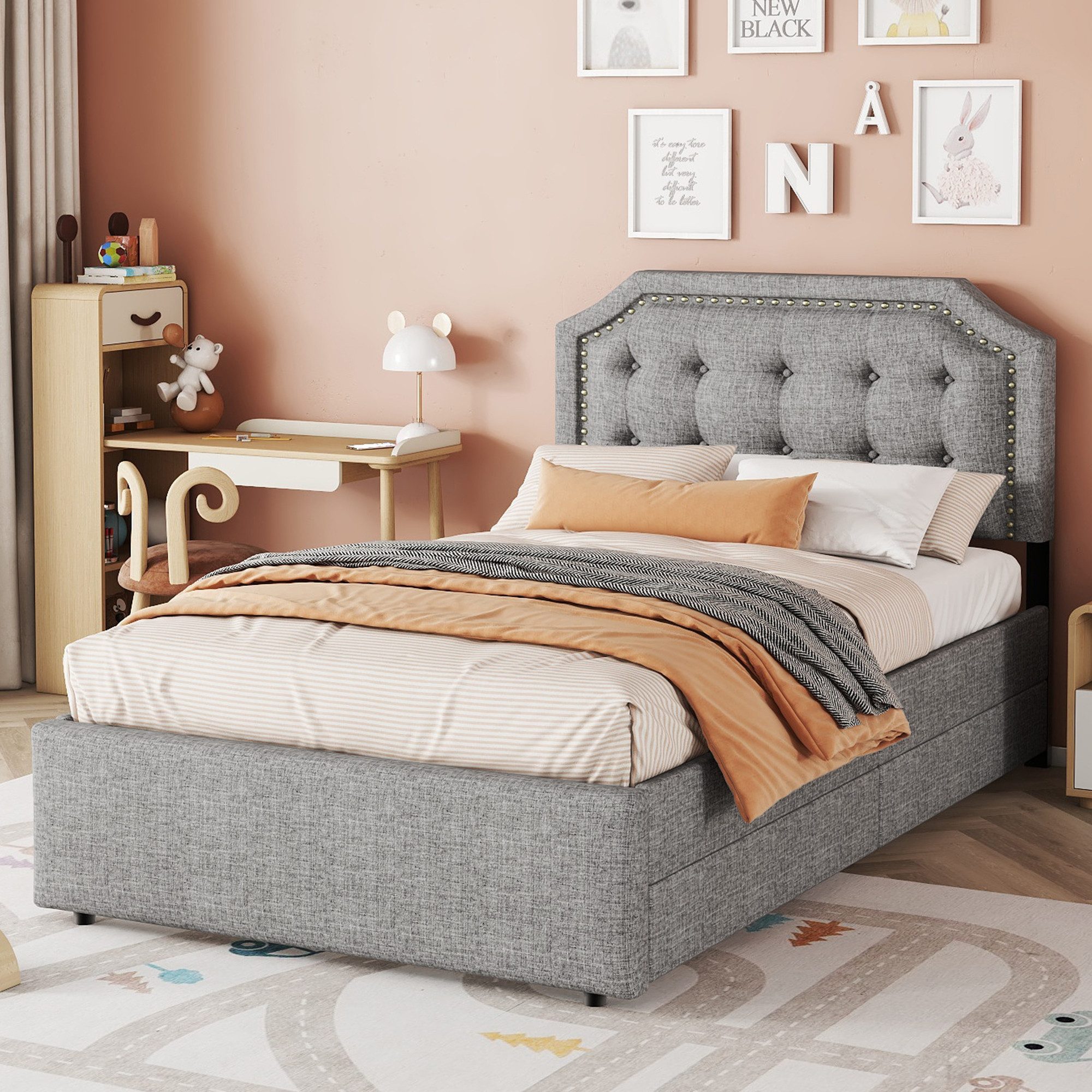 STILVORA Kinderbett 90×200 Polsterbett mit Stauraum,Bett mit Lattenrost,ohne matratze
