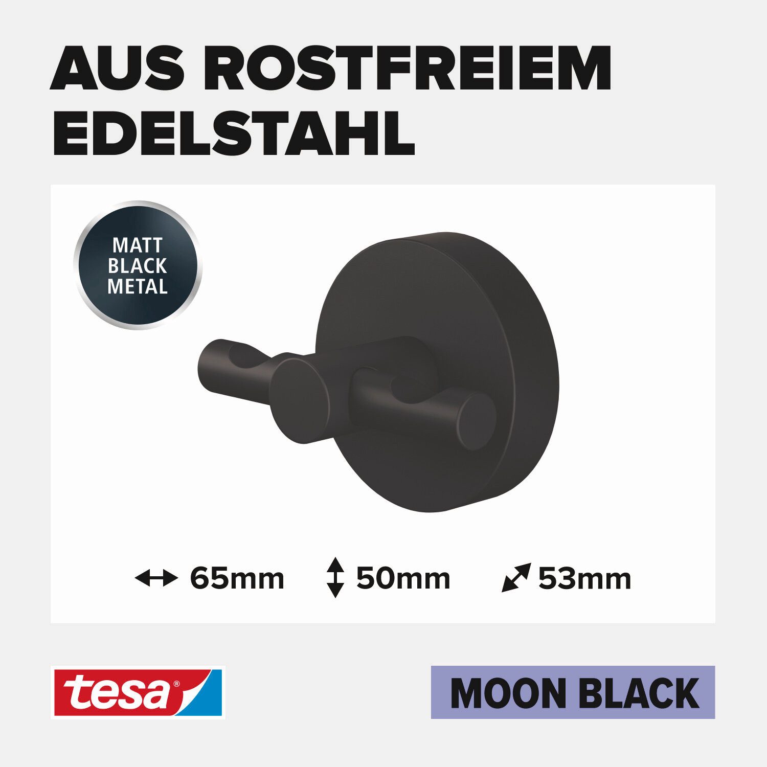 tesa Handtuchhaken MOON Bademantelhaken ohne Bohren - 5 cm : 6,5 cm : 5,3 cm, Badezimmer, Gäste-WC, Wandmontage, (Packung, 1-St., inkl. Klebelösung), selbstklebende Handtuchhalterung - schwarz