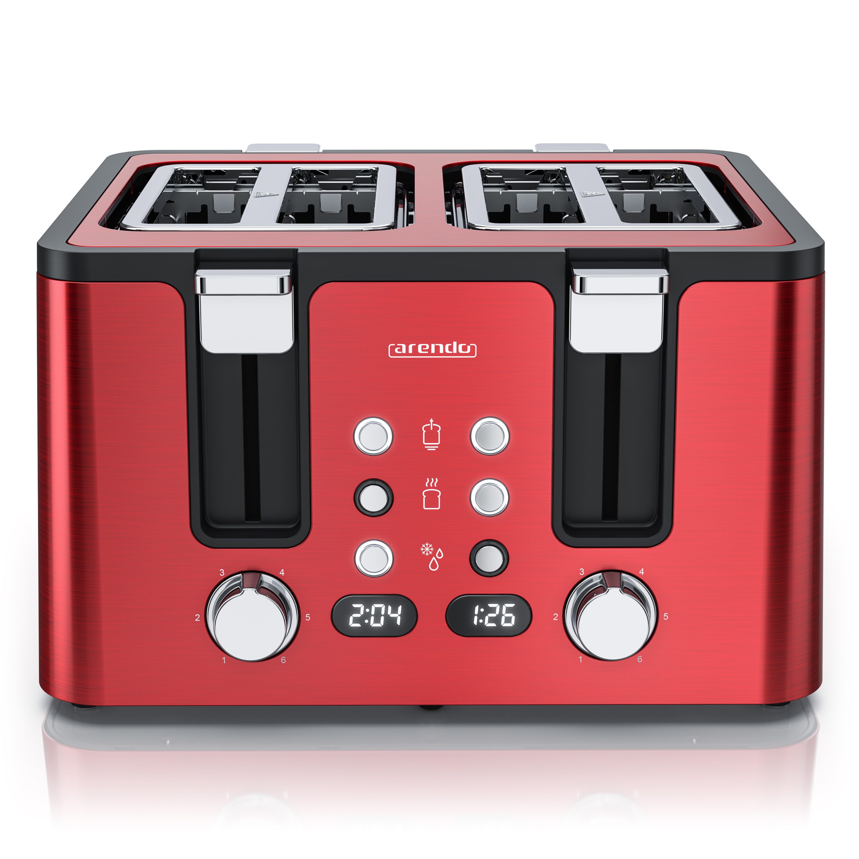 Arendo Toaster Edelstahl, Brötchenaufsatz, Restzeitanzeige, Rot, 4 kurze Schlitze, für 4 Scheiben, 1750 W, Doppelwandgehäuse, Defrost Funktion, Krümelschublade, 6 Bräunungsgrade