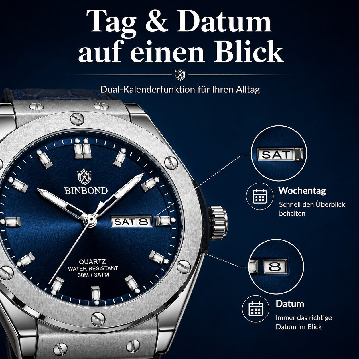 Fyrove Quarzuhr Herrenarmbanduhr Multifunktionsuhr mit Datum & Wochentag, (42 mm Analoguhr Herrenuhr, Lederarmband), Leuchtzeiger, 3 ATM, klassische Businessuhr