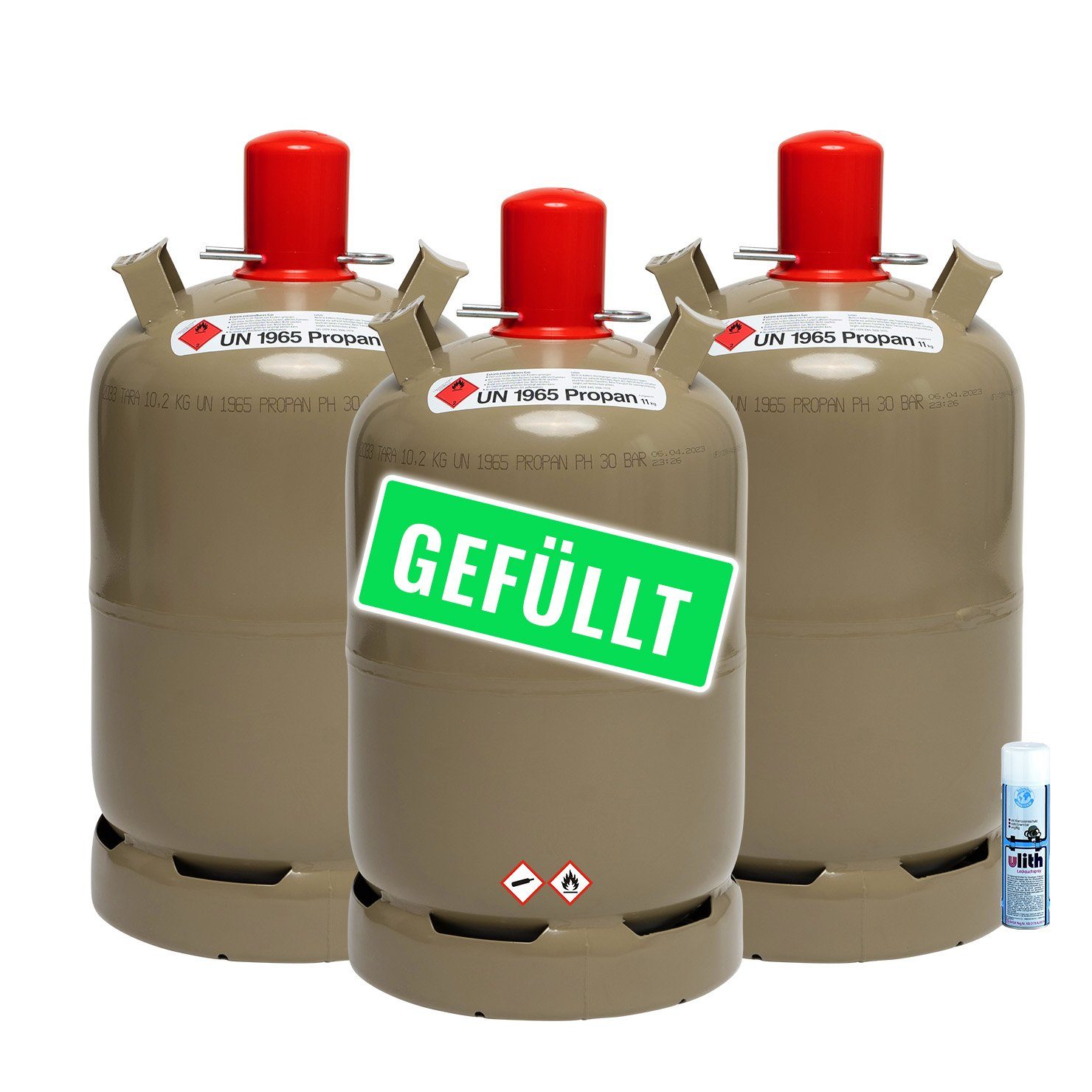BlueCraft Camping-Gas, 3x 11 kg, Propan Gas-Flasche gefüllt Inkl. Lecksuchspray