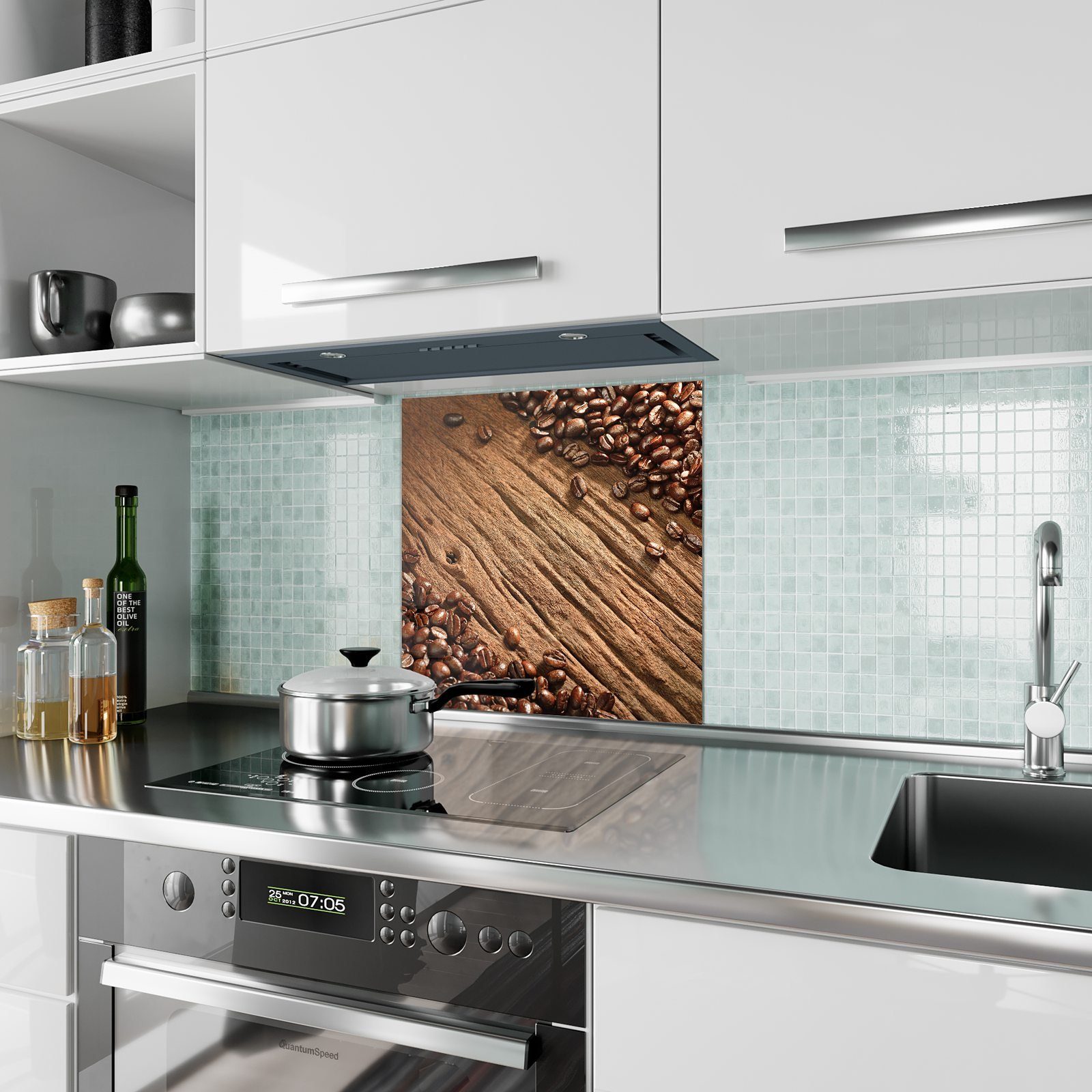 Primedeco Spritzschutz Holz auf Kaffeebohnen Küchenrückwand Küchenrückwand Glas mit Motiv