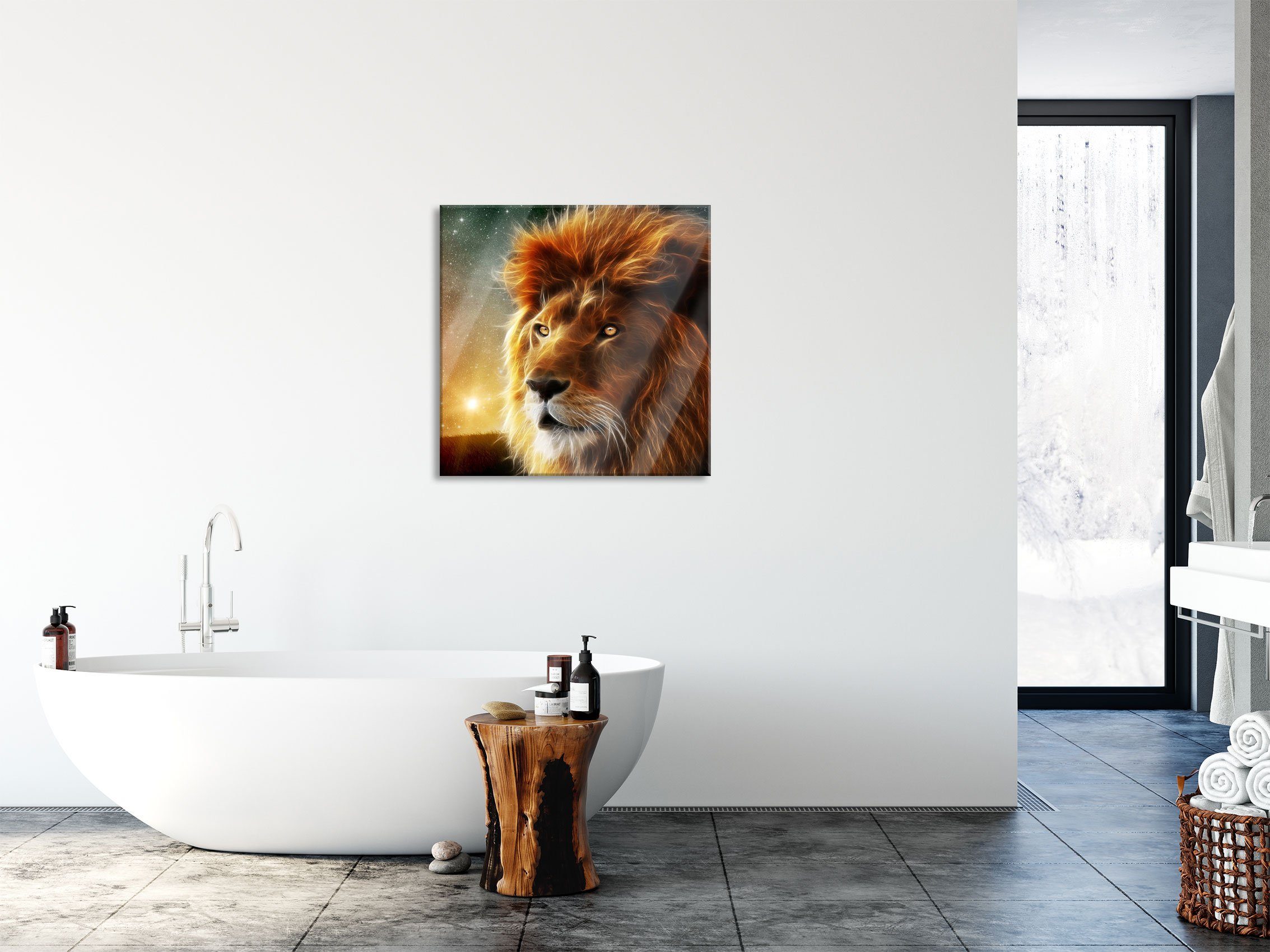 Löwe (1 Art Art, Glasbild Echtglas, Abstandshalter Pixxprint inkl. Aufhängungen Löwe Abstrakt Abstrakt Glasbild St), und aus