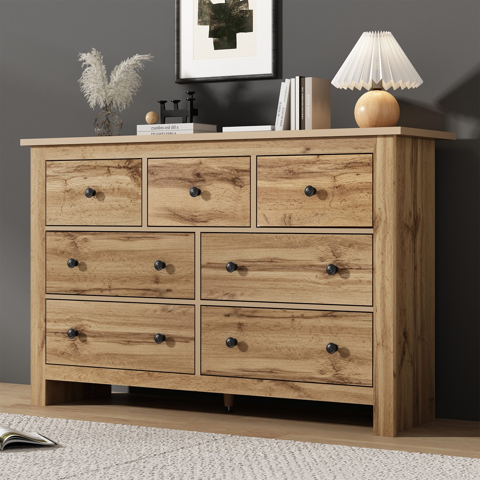 OKWISH Sideboard Minimalistischer Esszimmerschrank mit 7 Schubladen, große Kapazität (Kaffee Bar Schrank, Kapazität Esszimmer Schrank, Buffet, Kommode, 1 St., 7 Schubladen), elegantes Design, aus Spanplatte