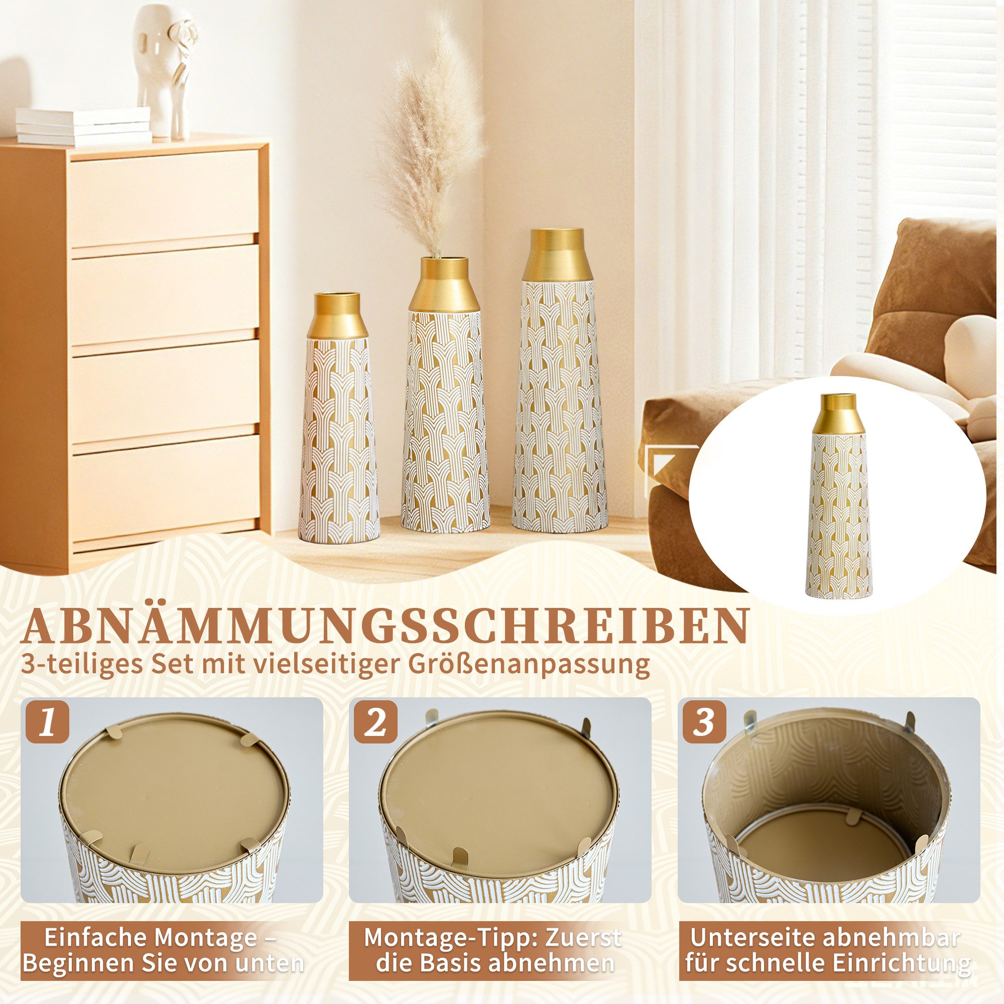 KLAM HOME Bodenvase Große Bodenvase 3er Set aus Metall, (50/65/83 cm), Mid-Century Modern (Dekovase Boden bis zur Decke reichende Vase, hohe dekorative Vase), V – Bild 5 von 5