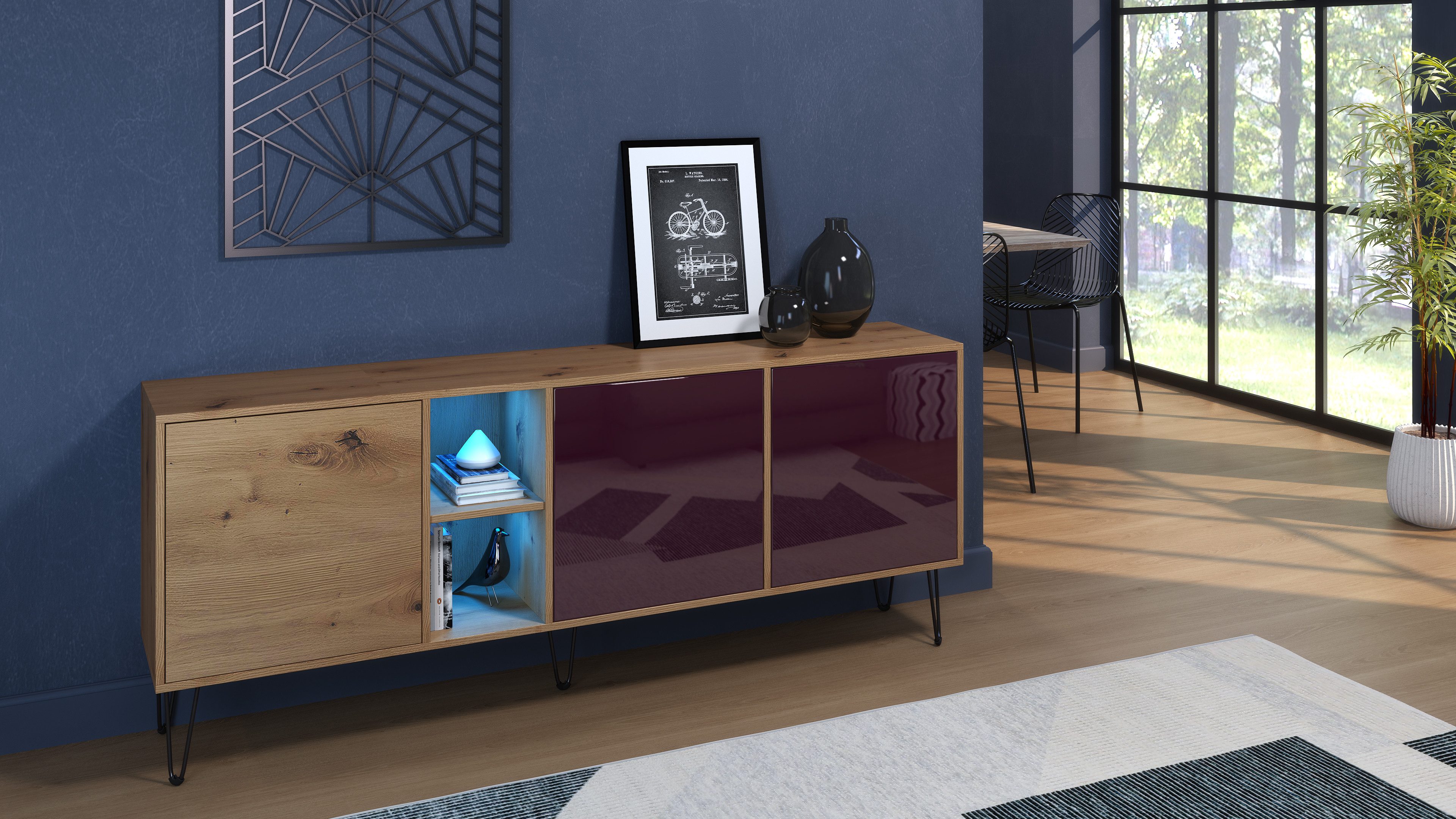 Vladon Sideboard Havana (TV-Schrank mit 3 Türen und 2 offene Fächer, Kommode Made in Germany), Eiche Evoke / Brombeer Hochglanz (181,5 x 73 x 35 cm)