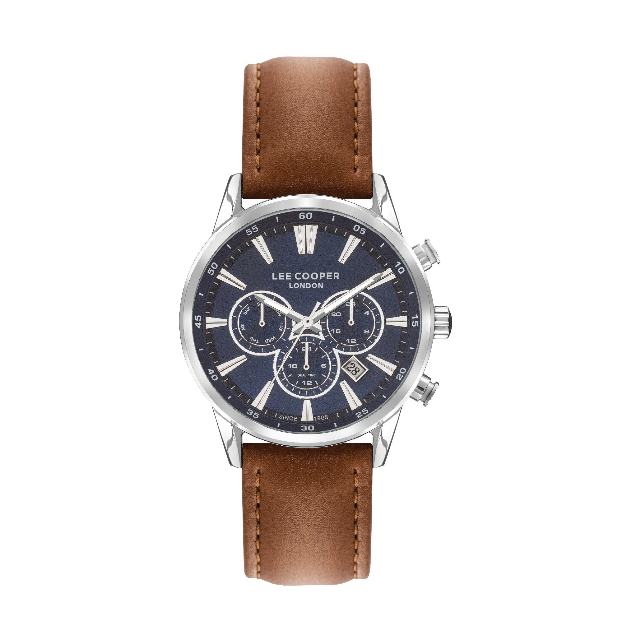 Lee Cooper Multifunktionsuhr Herrenuhr Business mit Lederarmband, 45 mm – Geschenk für Männer blaues Zifferblatt, silber – LC07506.394, Datum, Mineralglas, 5 ATM, inkl. Geschenkbox